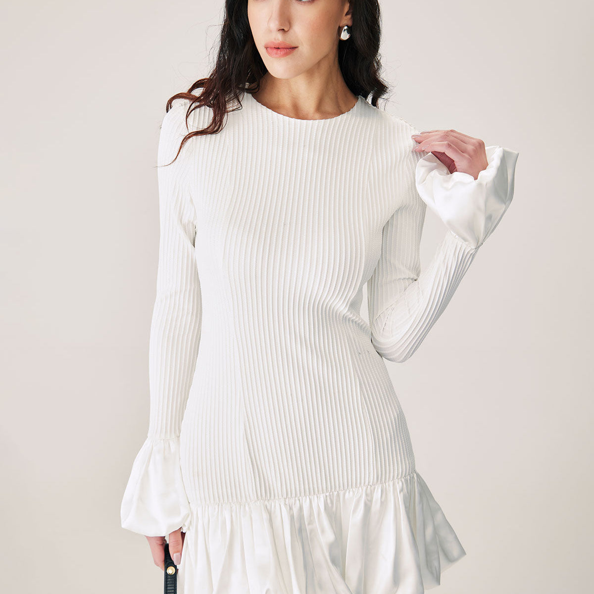 Shewess™ Beyaz Ekleme Kazak Mini Elbise