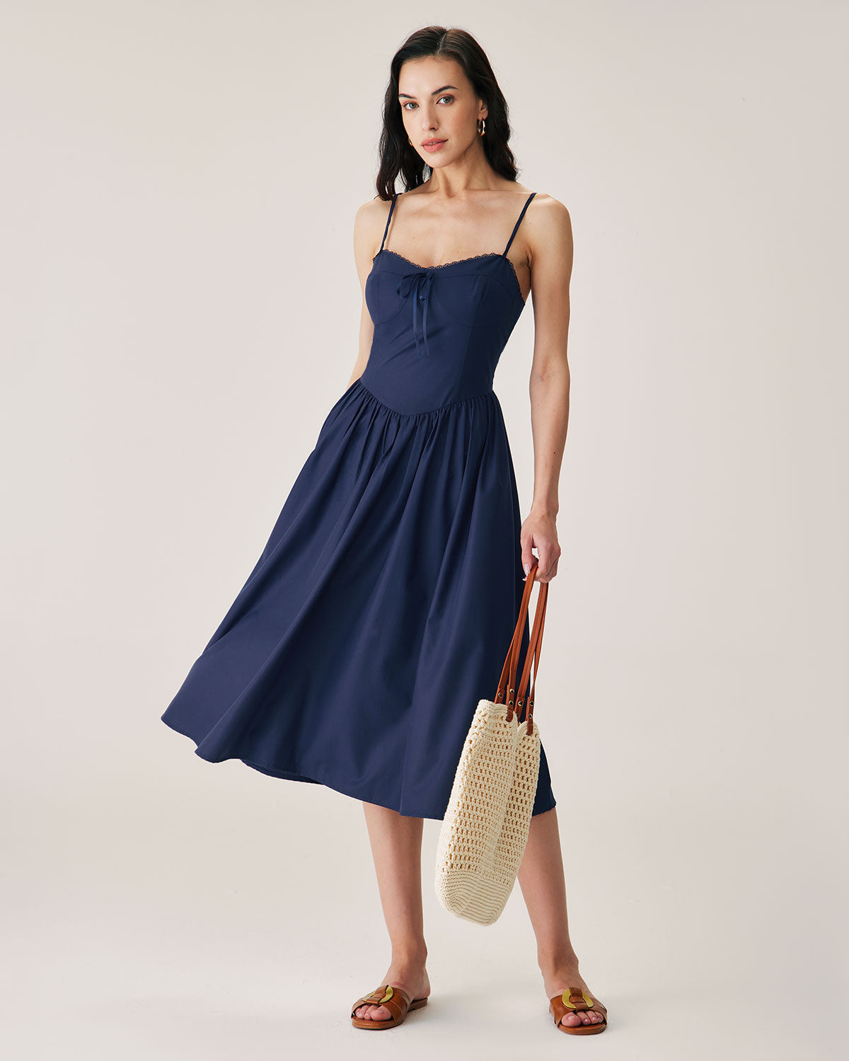 Shewess™ Lacivert Büzgülü Slip Midi Elbise