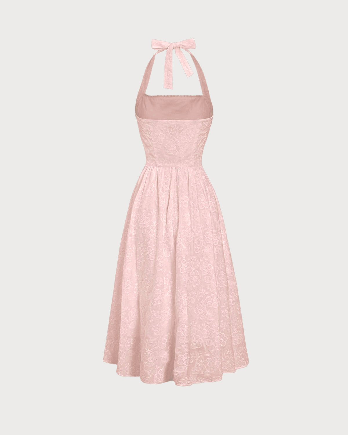 Shewess™ Pembe Nakışlı Boyundan Bağlamalı Midi Elbise