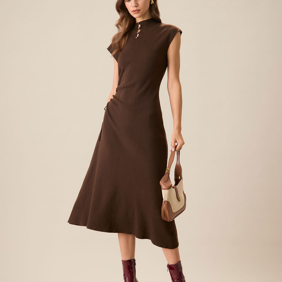 Shewess™ Kadın Kahve Bodycon Çift Taraflı Triko Elbise