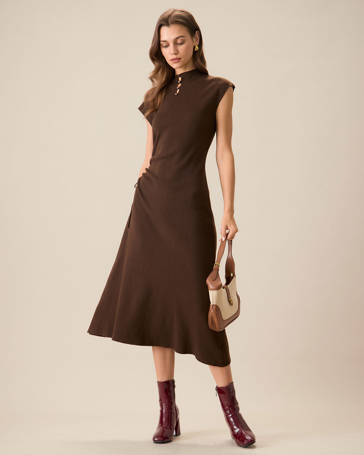Shewess™ Kadın Kahve Bodycon Çift Taraflı Triko Elbise