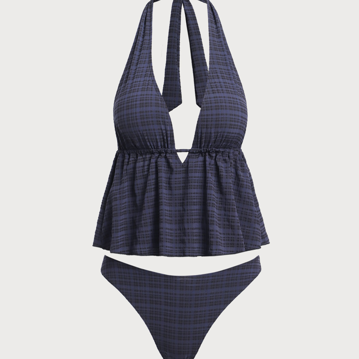 Shewess™ Siyah Derin V Yaka Ekose Tankini Mayo