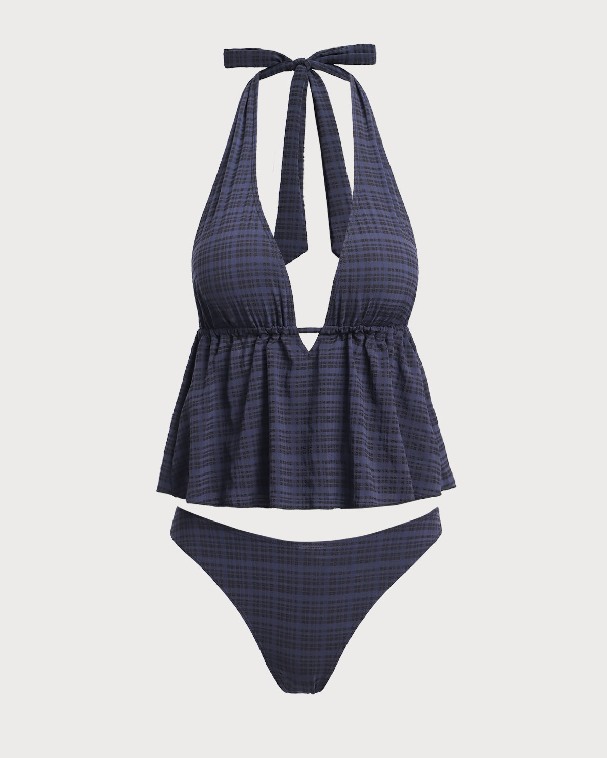Shewess™ Siyah Derin V Yaka Ekose Tankini Mayo
