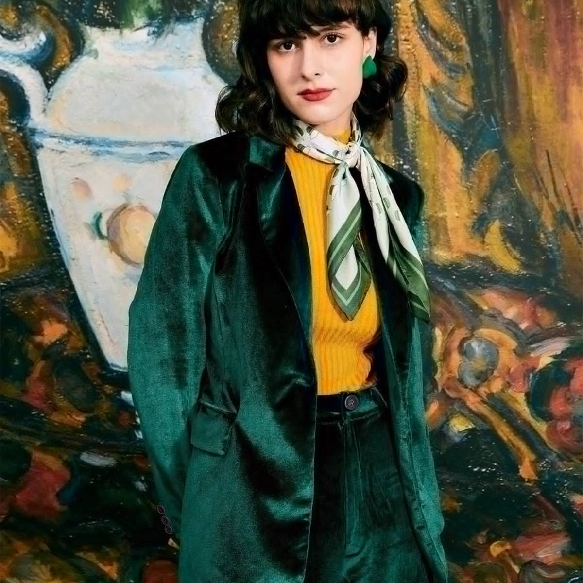 Shewess™ Günlük Tek Düğme Yeşil Kadife Blazer