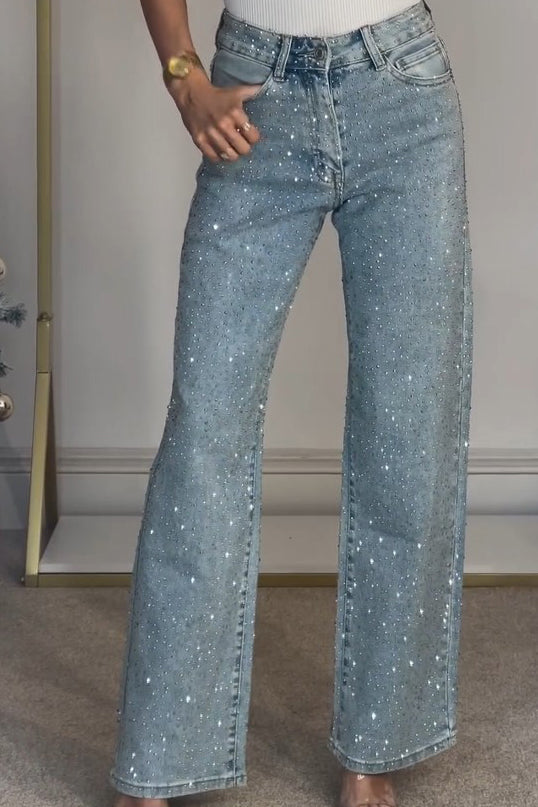 Yüksek Bel Diamanté Düz Paça Jean