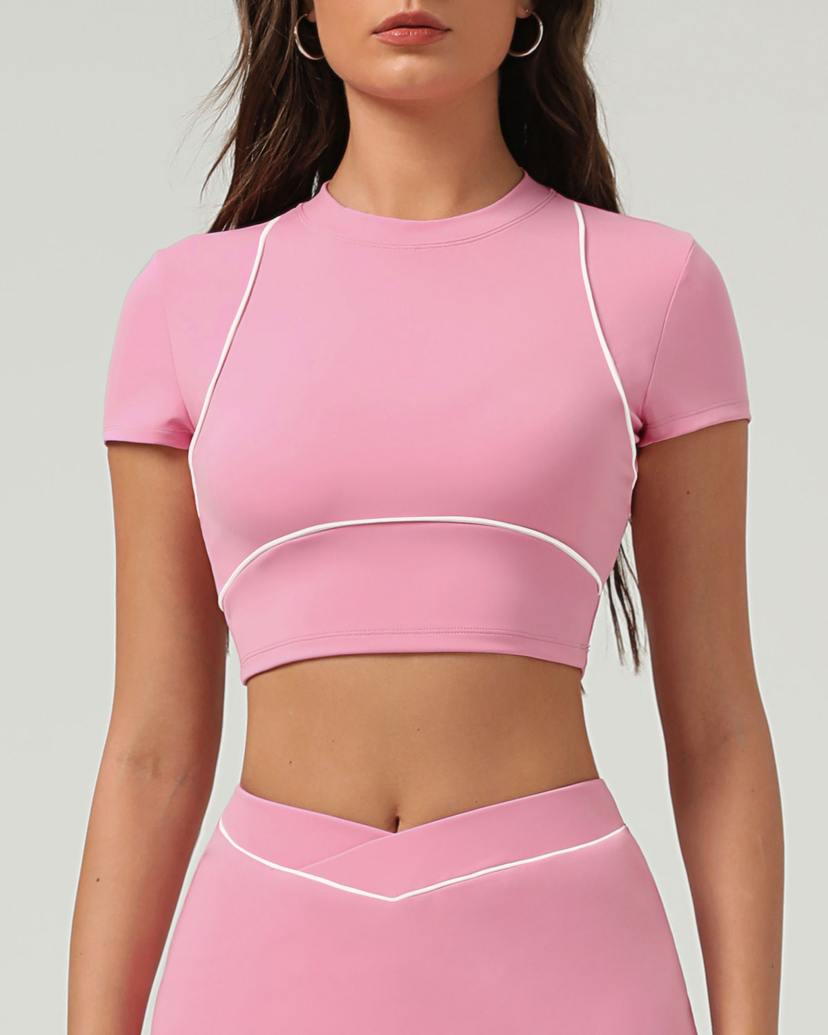 Shewess™ Pembe Yuvarlak Yaka Kısa Kollu Yoga Üstü - Hafif Destek