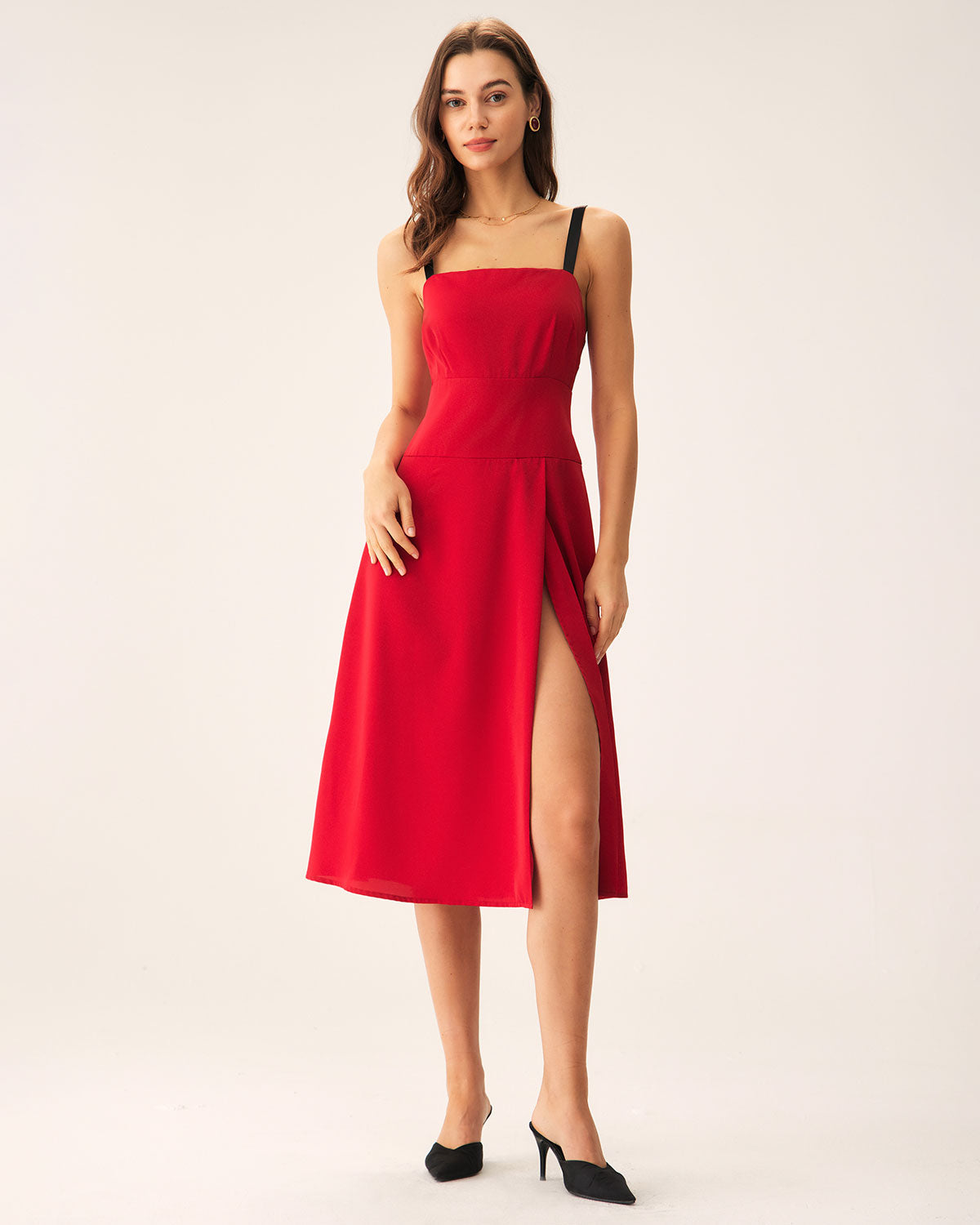 Shewess™ Kırmızı Kontrast Yırtmaçlı Slip Midi Elbise