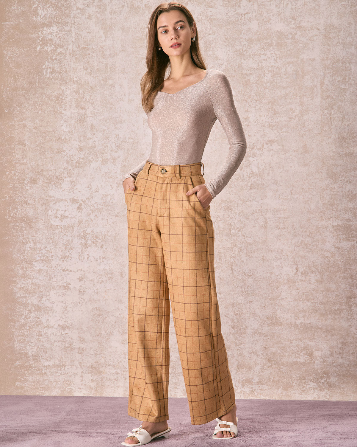 Shewess™ Haki Yüksek Bel Ekose Geniş Paça Pantolon