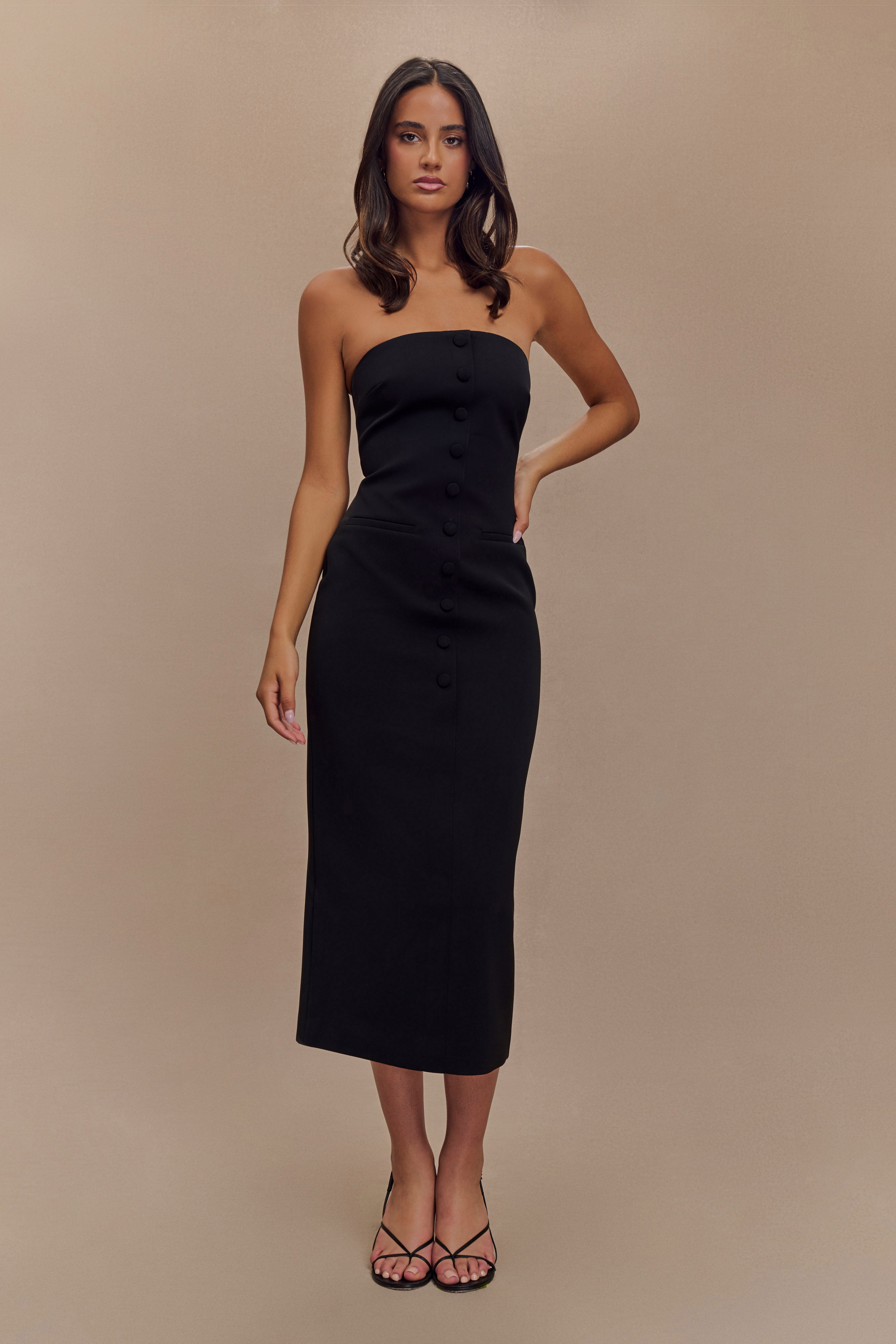 Susan Straplez Midi Elbise - Siyah
