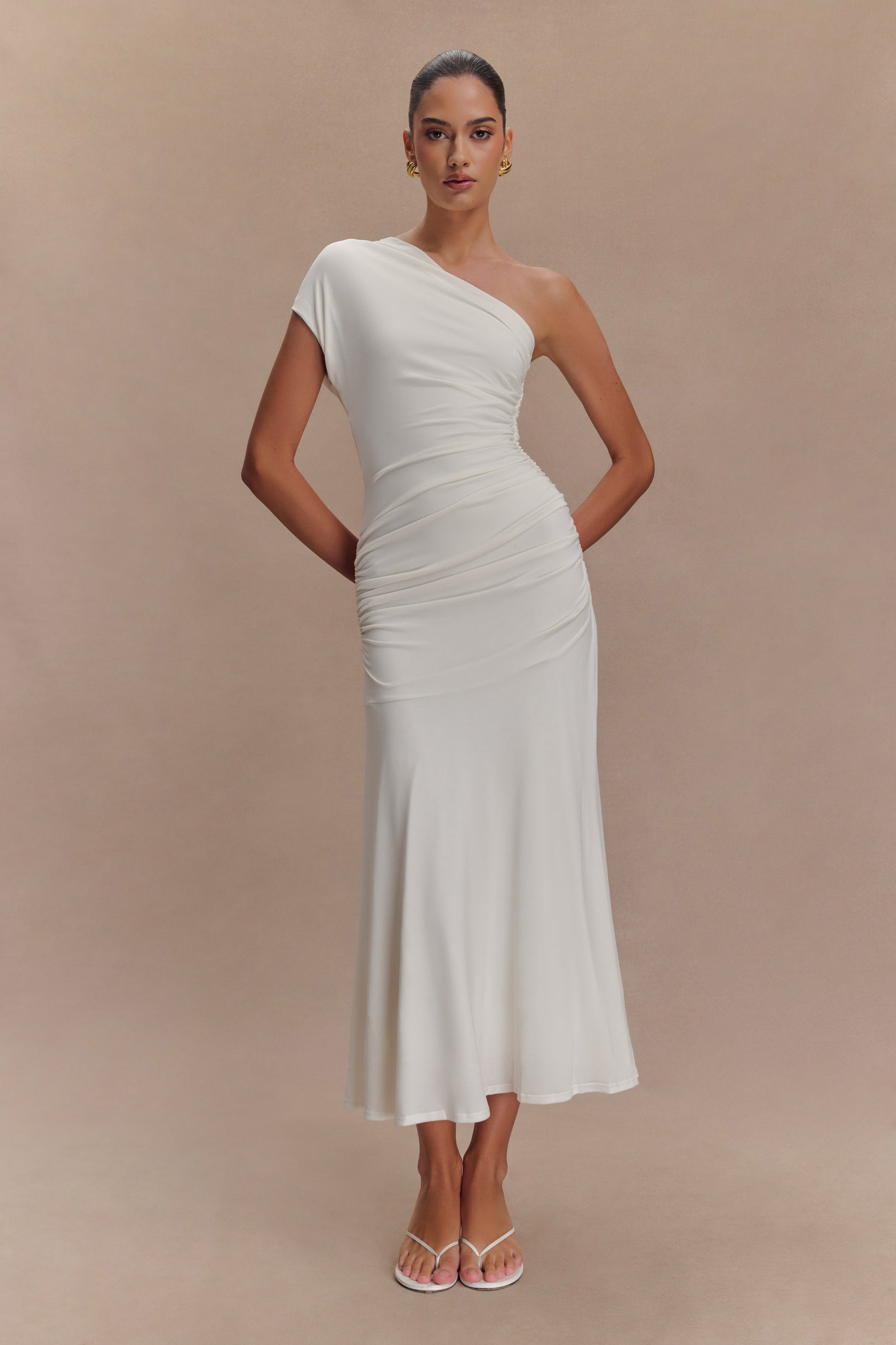 Chloe Şeftali Jersey Tek Omuz Midi Elbise - Fildişi