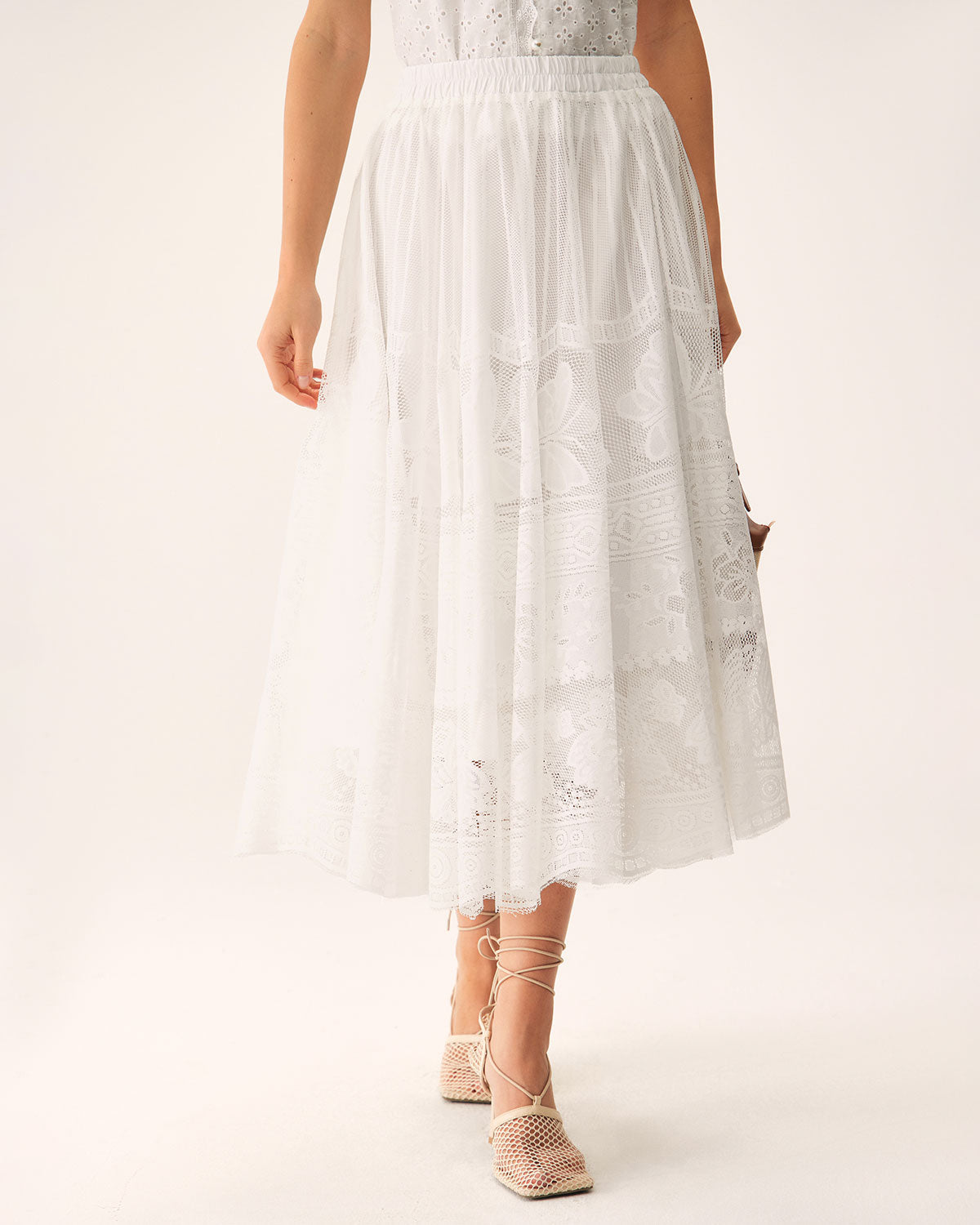 Shewess™ Beyaz Beli Lastikli Midi Etek