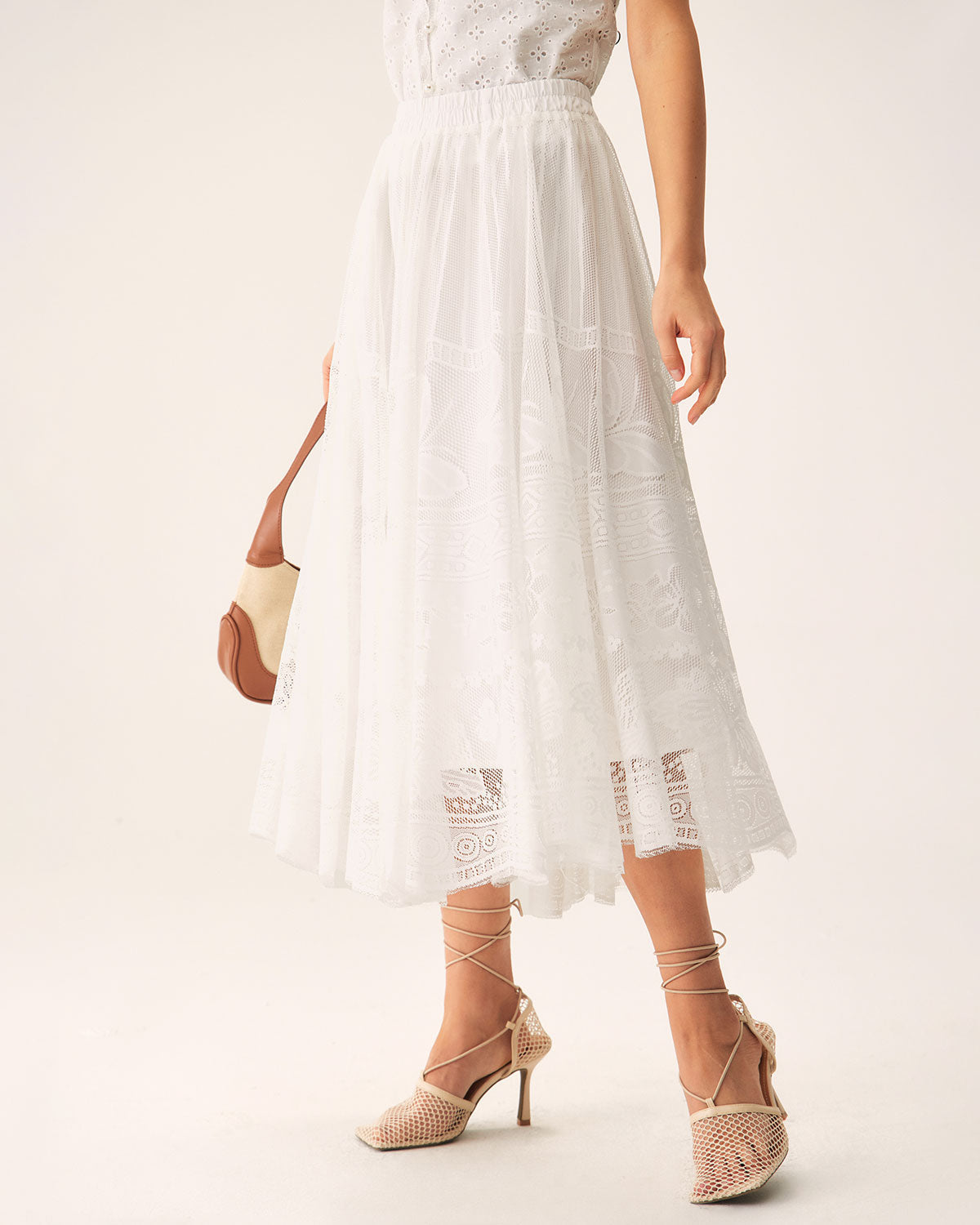 Shewess™ Beyaz Beli Lastikli Midi Etek