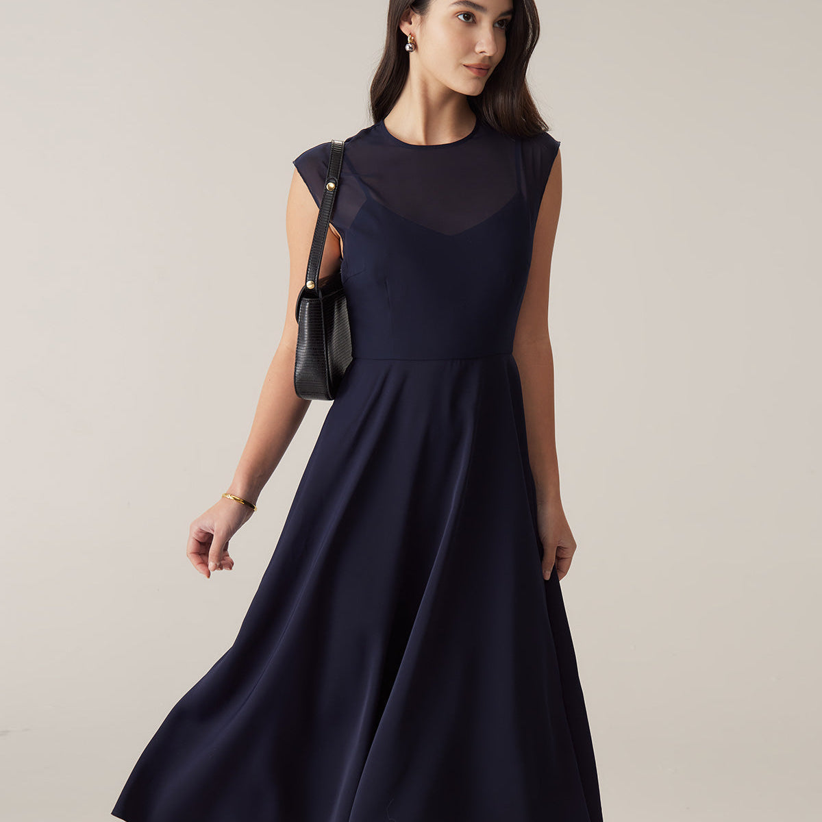 Shewess™ Lacivert Transparan Kap Kol Midi Elbise
