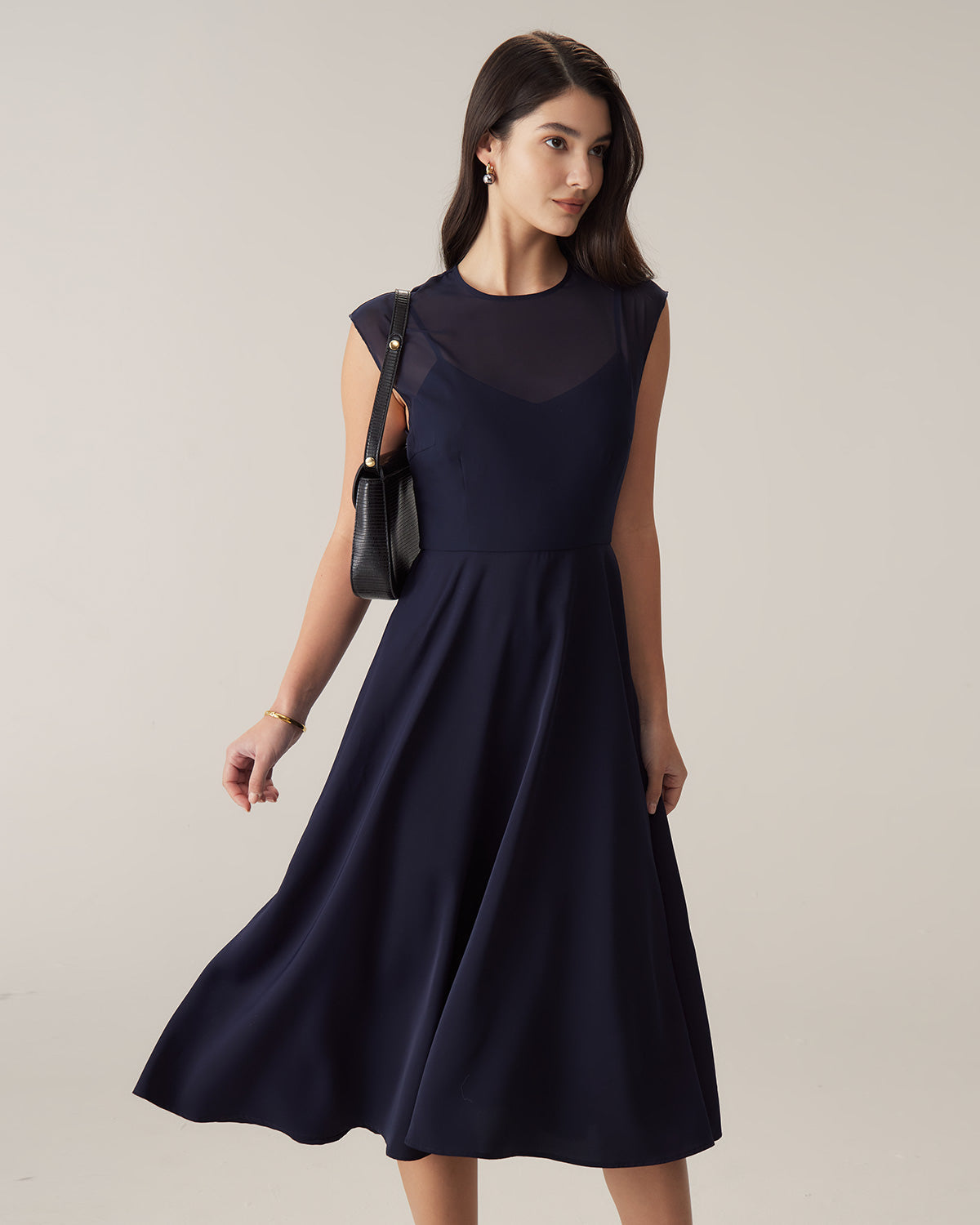 Shewess™ Lacivert Transparan Kap Kol Midi Elbise