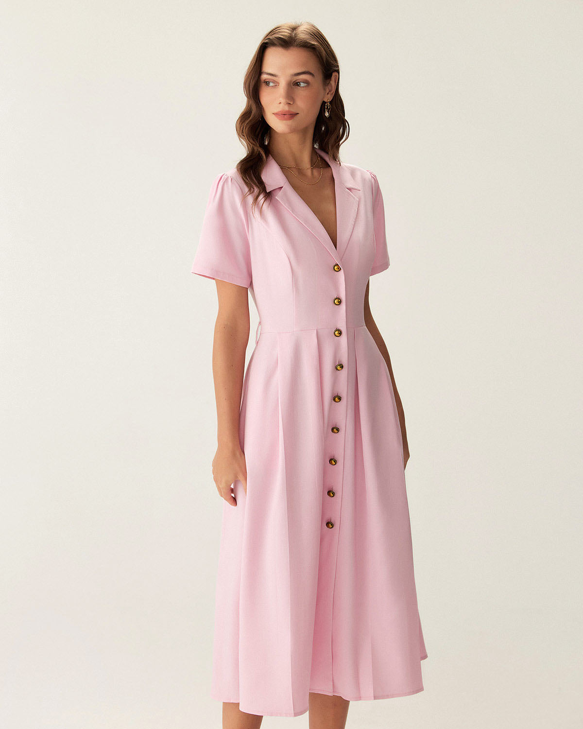 Shewess™ Pembe V Yaka Pileli Düğmeli Midi Elbise
