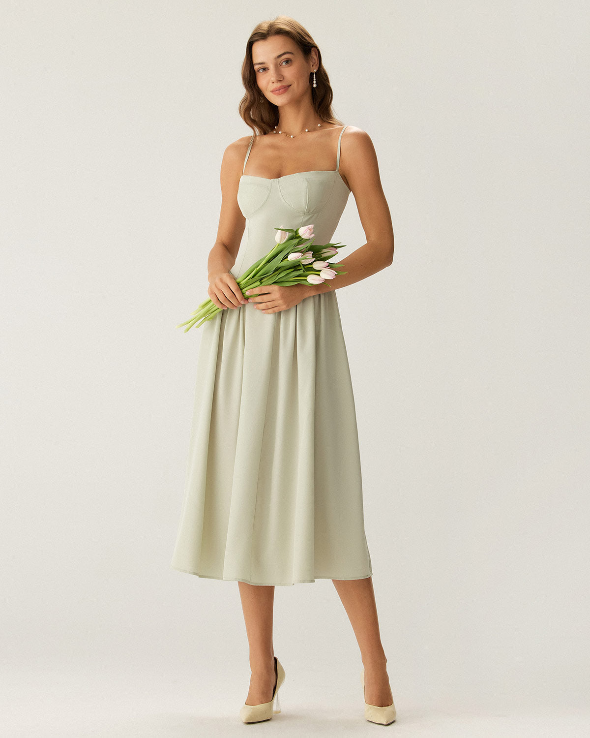 Shewess Yeşil Kare Yaka Cepli Slip Midi Elbise