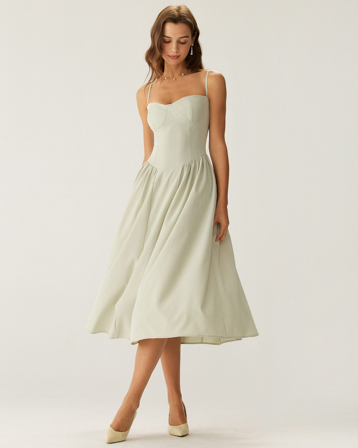 Shewess Yeşil Kare Yaka Cepli Slip Midi Elbise