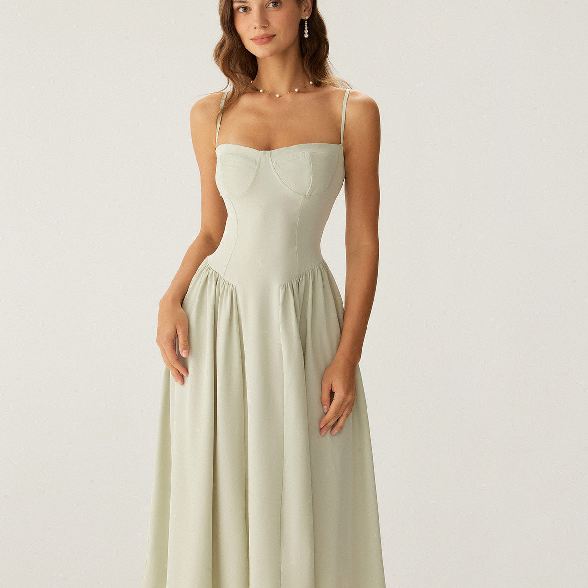 Shewess Yeşil Kare Yaka Cepli Slip Midi Elbise