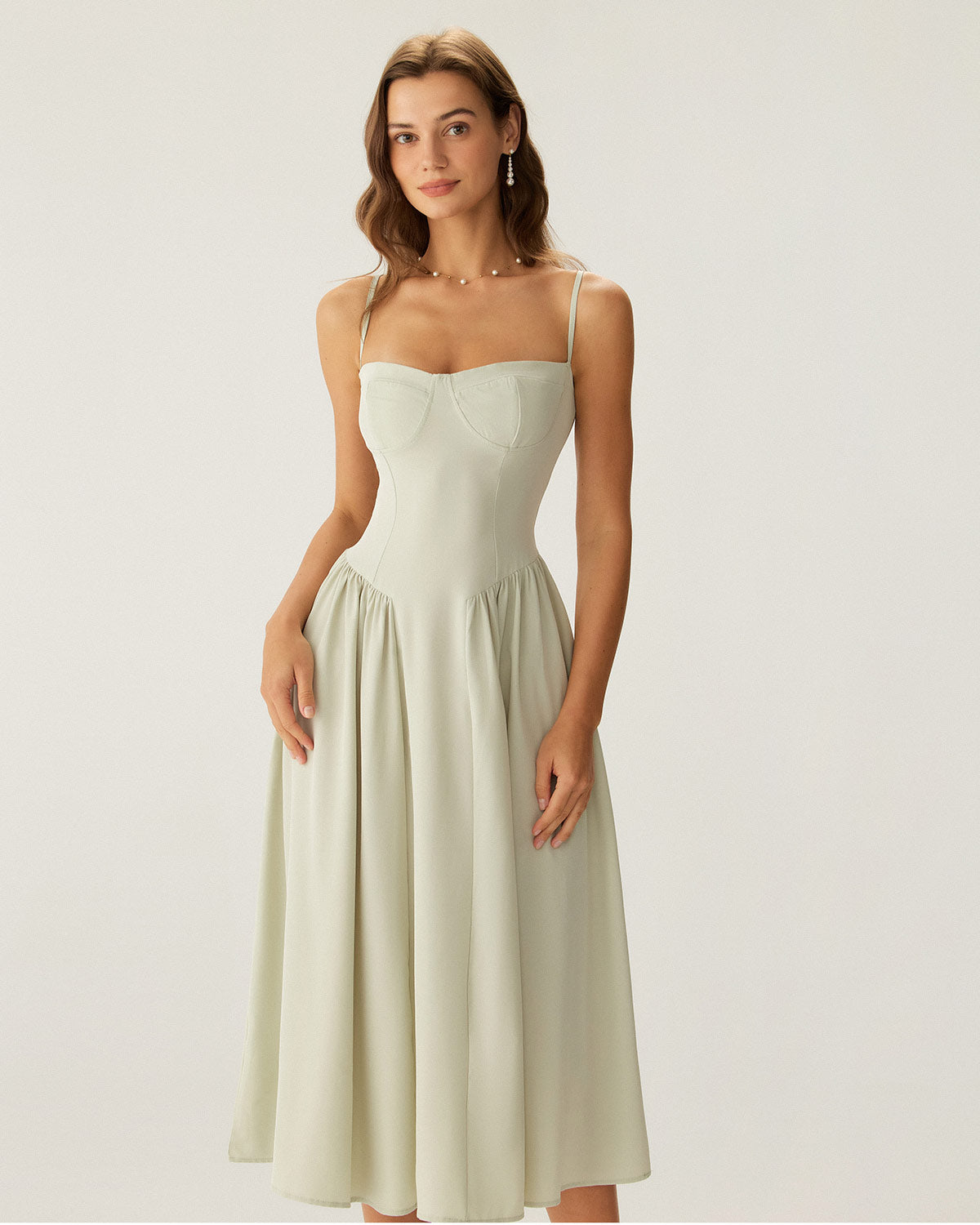 Shewess Yeşil Kare Yaka Cepli Slip Midi Elbise