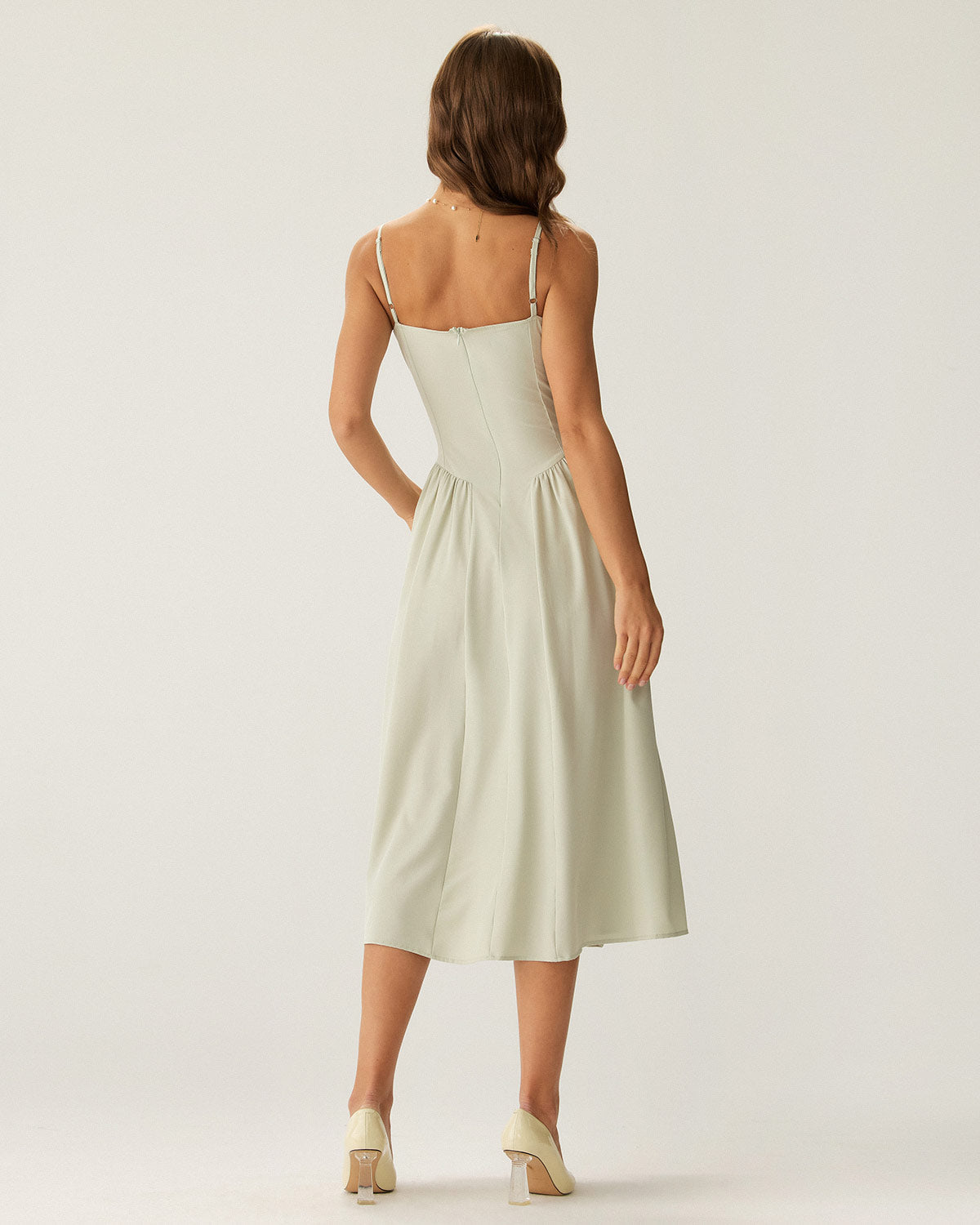 Shewess Yeşil Kare Yaka Cepli Slip Midi Elbise