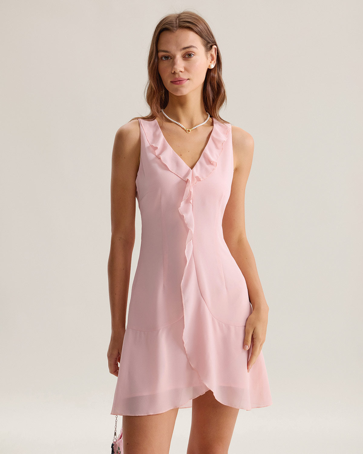 Shewess Pembe Fırfırlı Kolsuz Mini Elbise