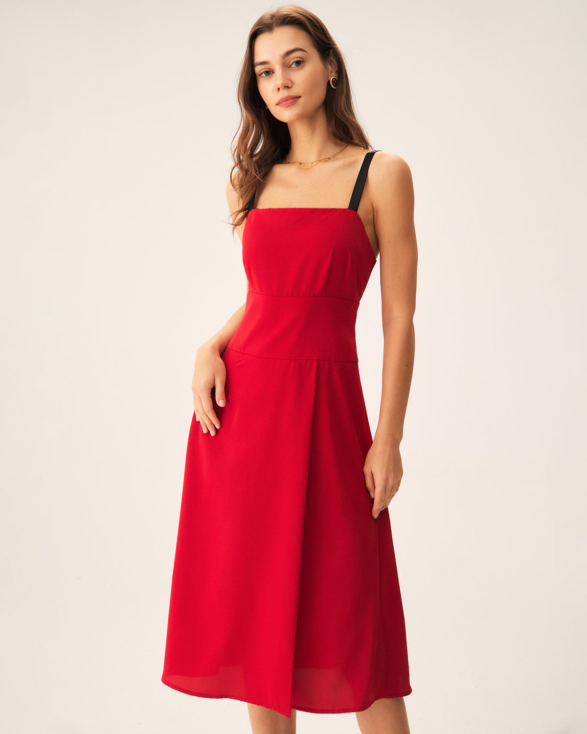 Shewess™ Kırmızı Kontrast Yırtmaçlı Slip Midi Elbise