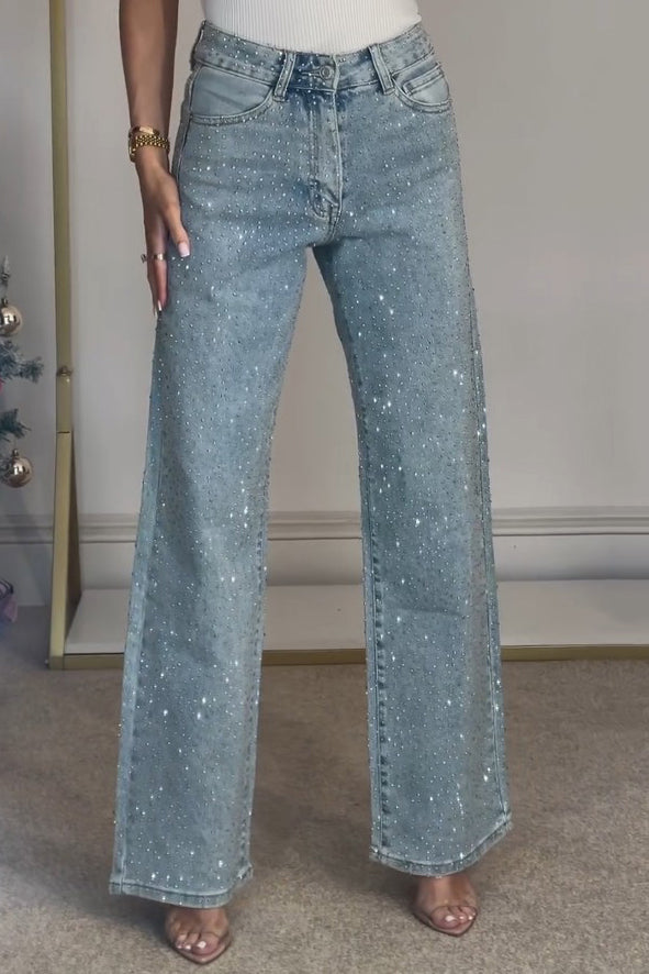 Yüksek Bel Diamanté Düz Paça Jean