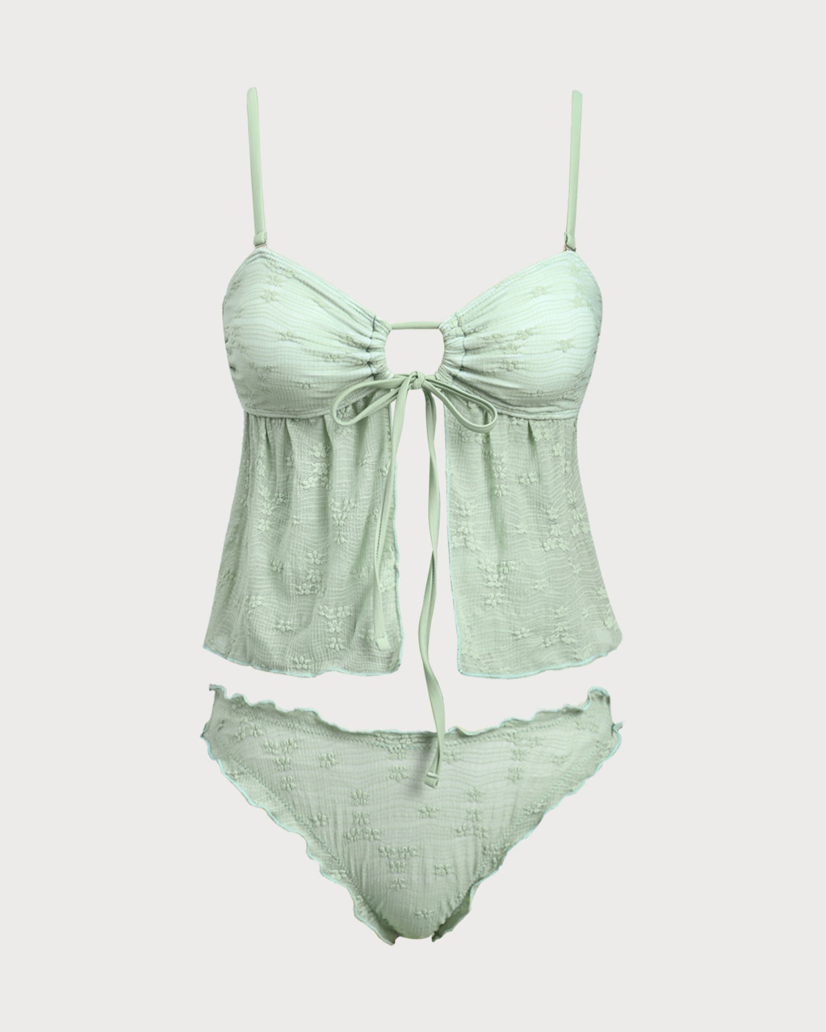 Shewess™ Yeşil Örme Kesikli Önden Bağlamalı Tankini Mayo