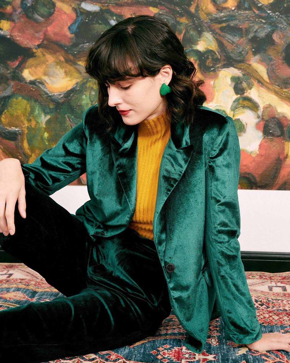 Shewess™ Günlük Tek Düğme Yeşil Kadife Blazer