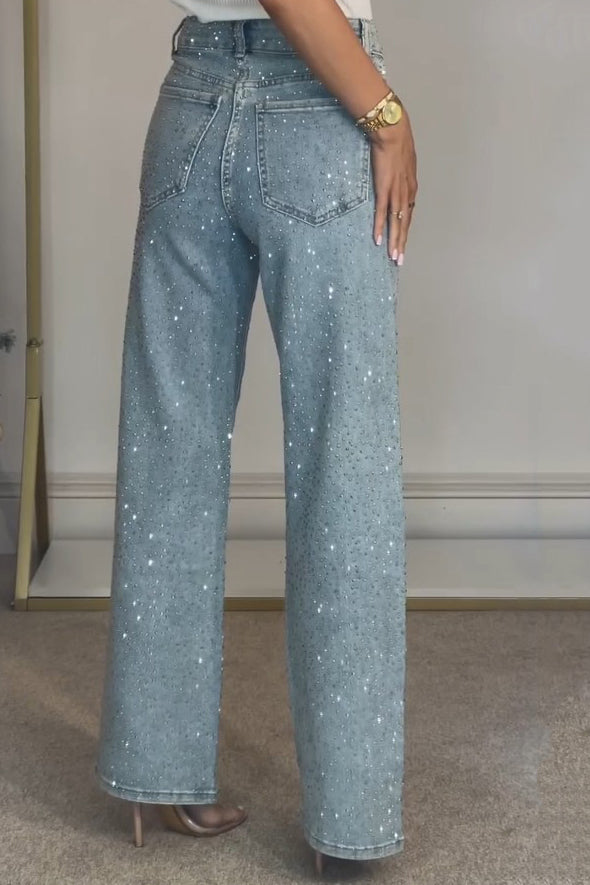 Yüksek Bel Diamanté Düz Paça Jean