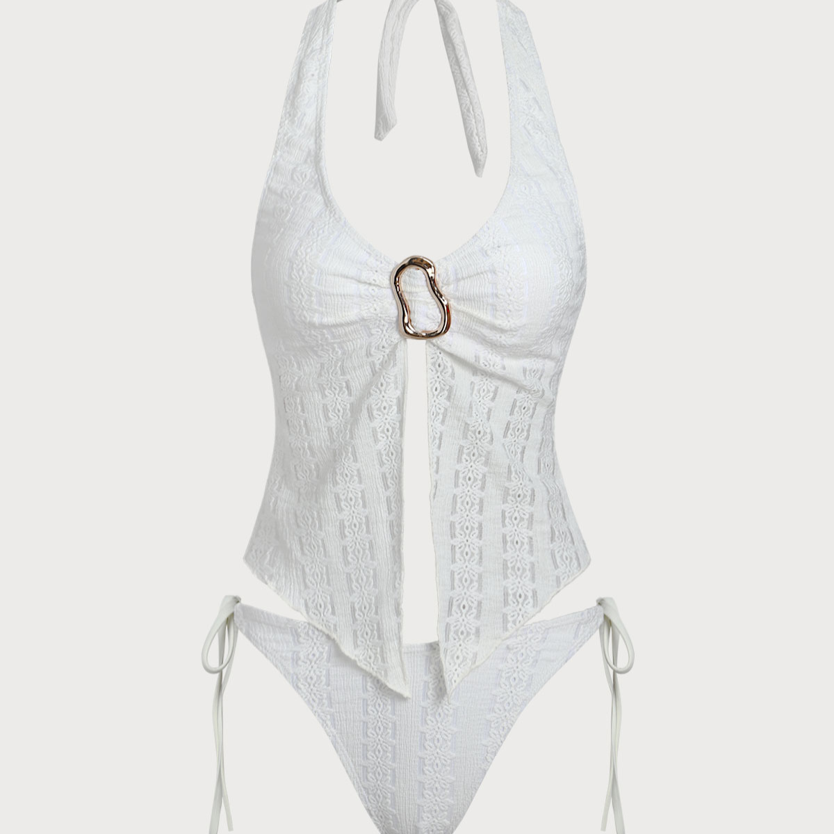 Shewess™ Beyaz Örme Düzensiz Metal Yırtmaçlı Tankini Mayo