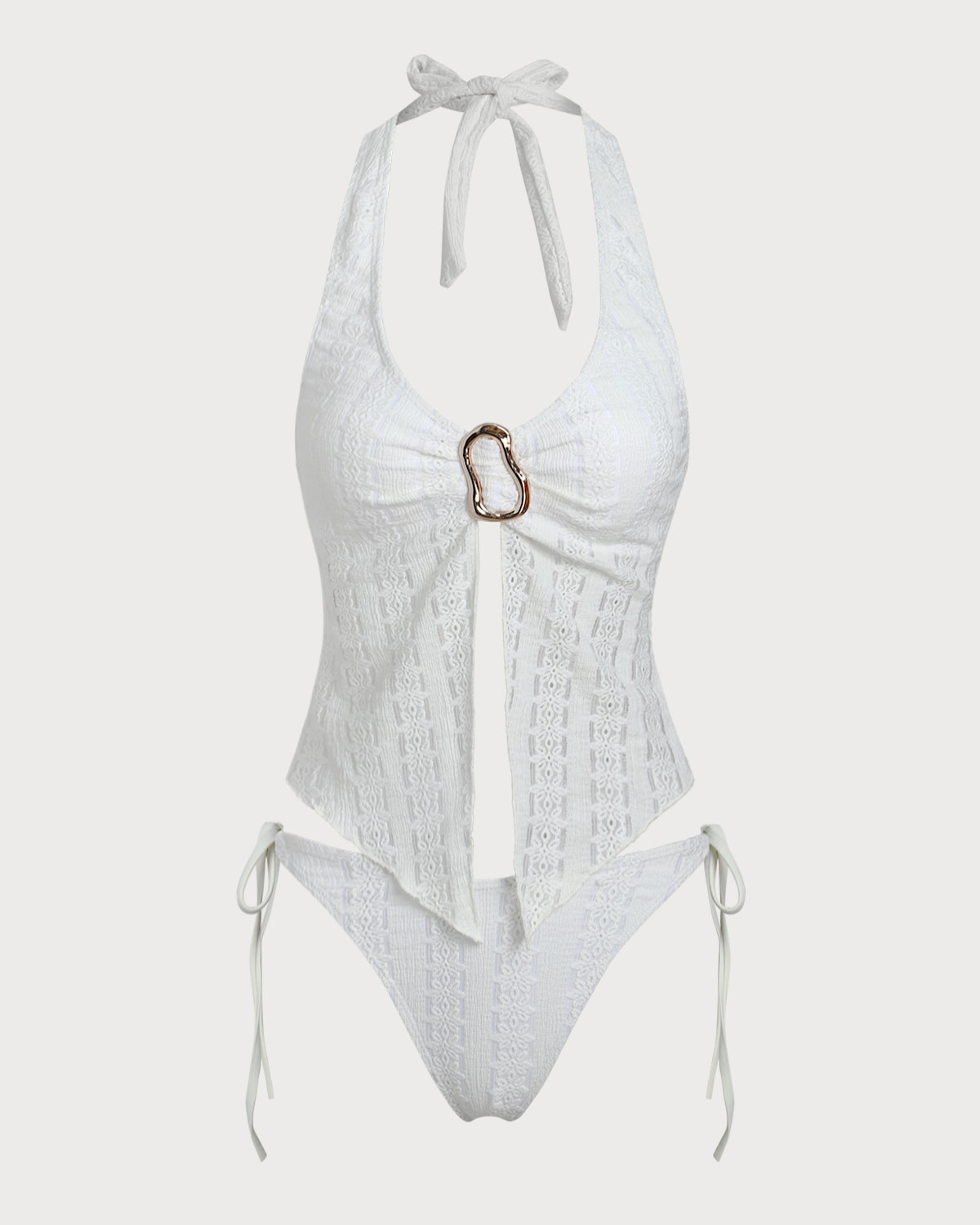 Shewess™ Beyaz Örme Düzensiz Metal Yırtmaçlı Tankini Mayo