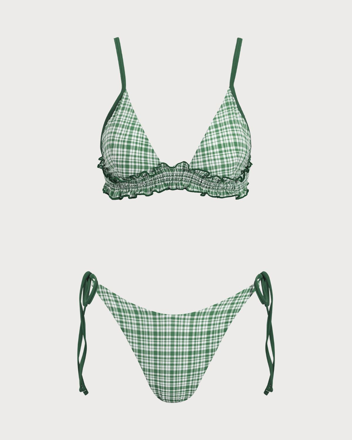 Shewess™ Yeşil Kontrast Ekose Kırışık Bikini Takımı