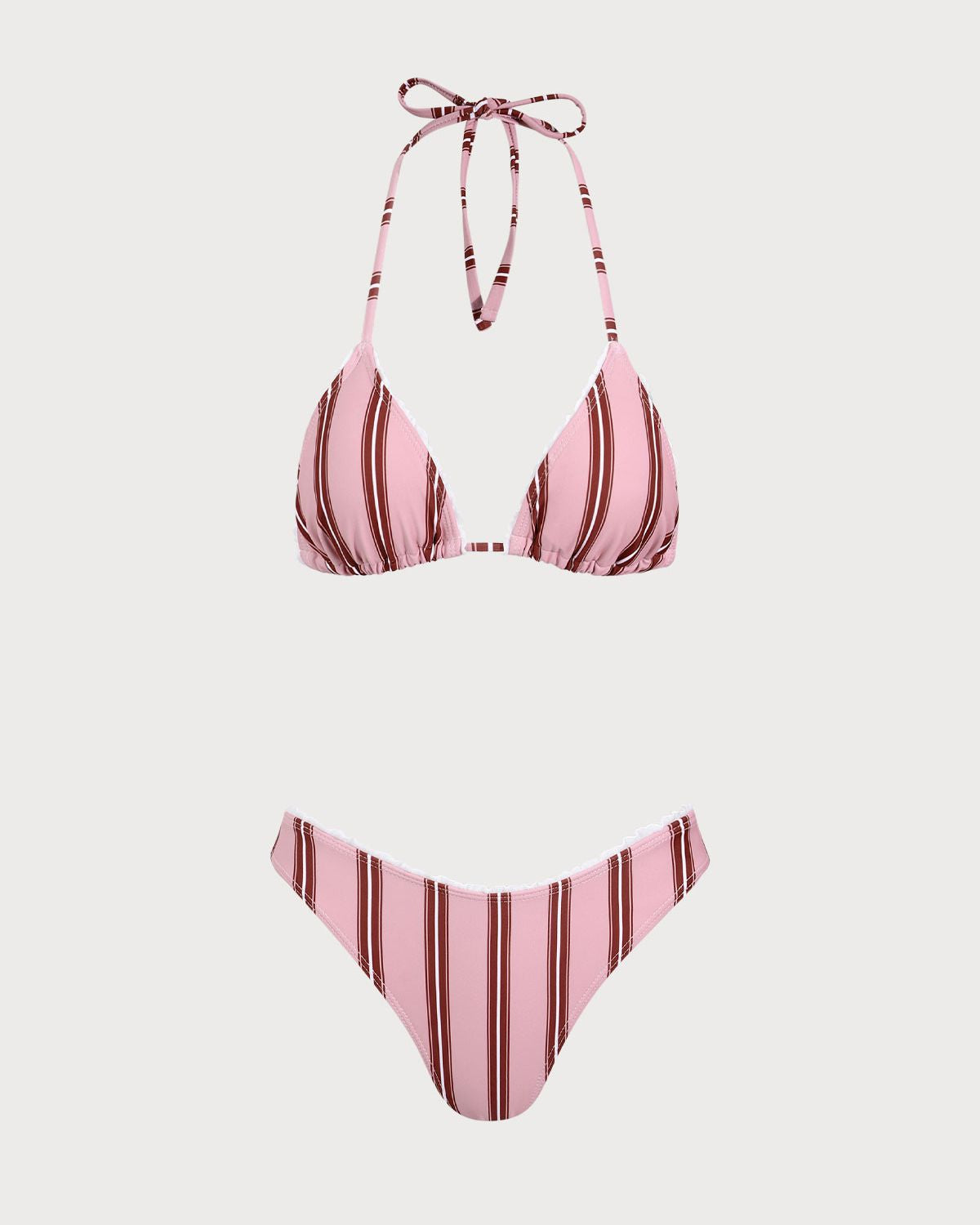 Shewess™ Pembe Çizgili Fırfırlı Halter Bikini Takımı
