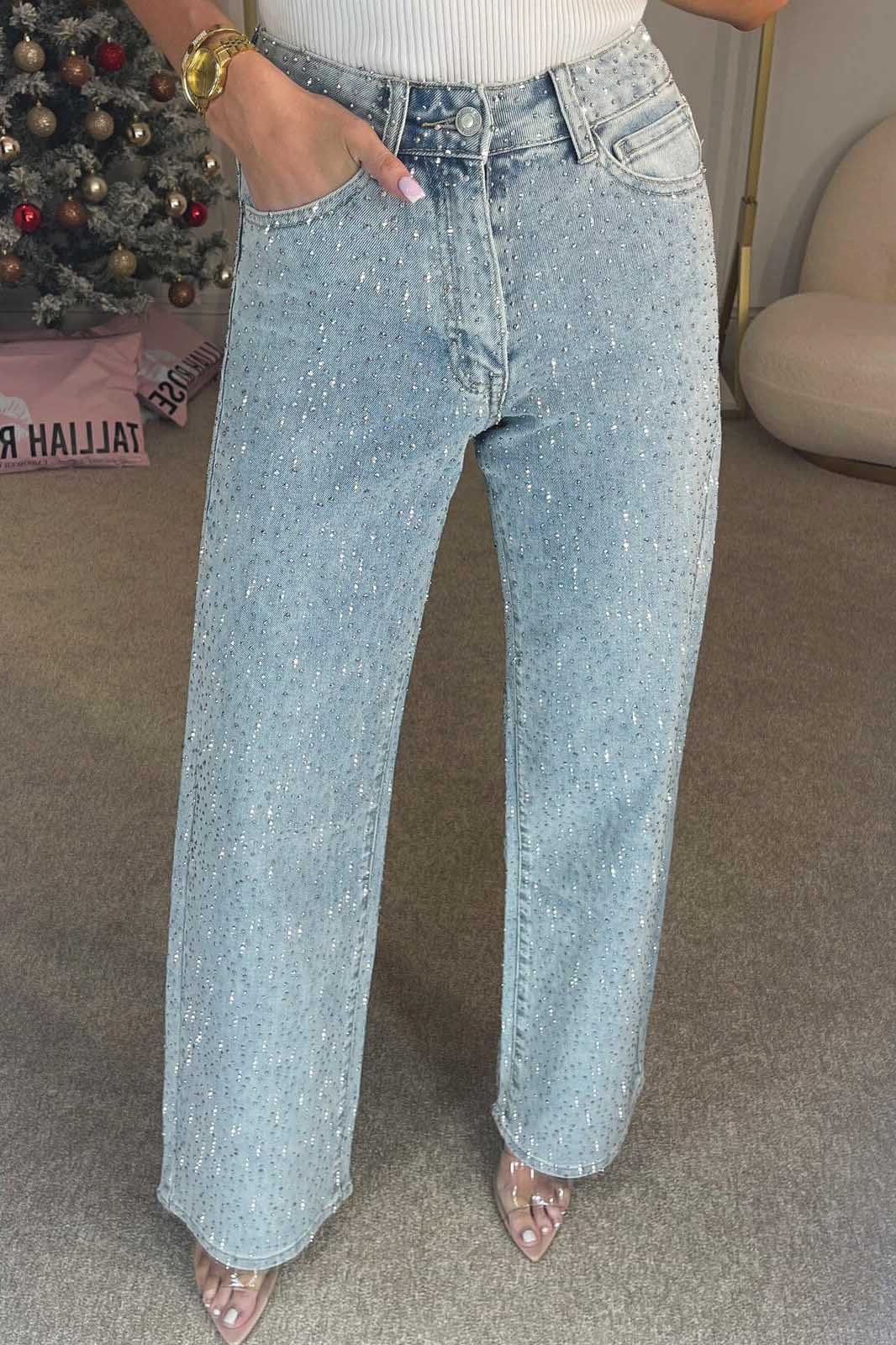 Yüksek Bel Diamanté Düz Paça Jean