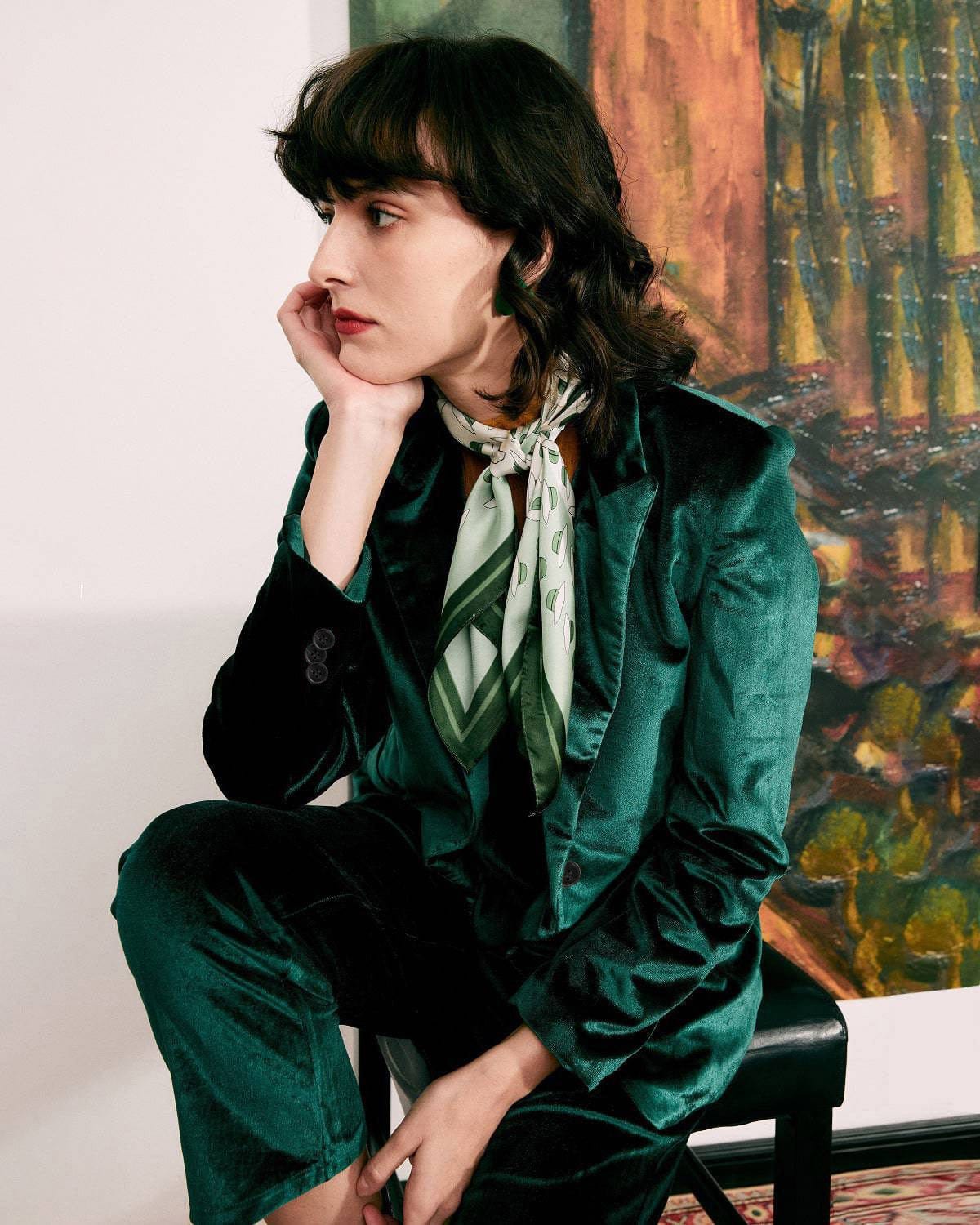 Shewess™ Günlük Tek Düğme Yeşil Kadife Blazer