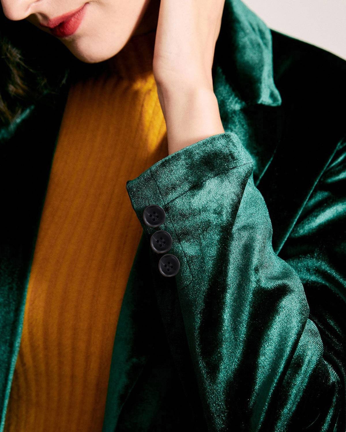 Shewess™ Günlük Tek Düğme Yeşil Kadife Blazer