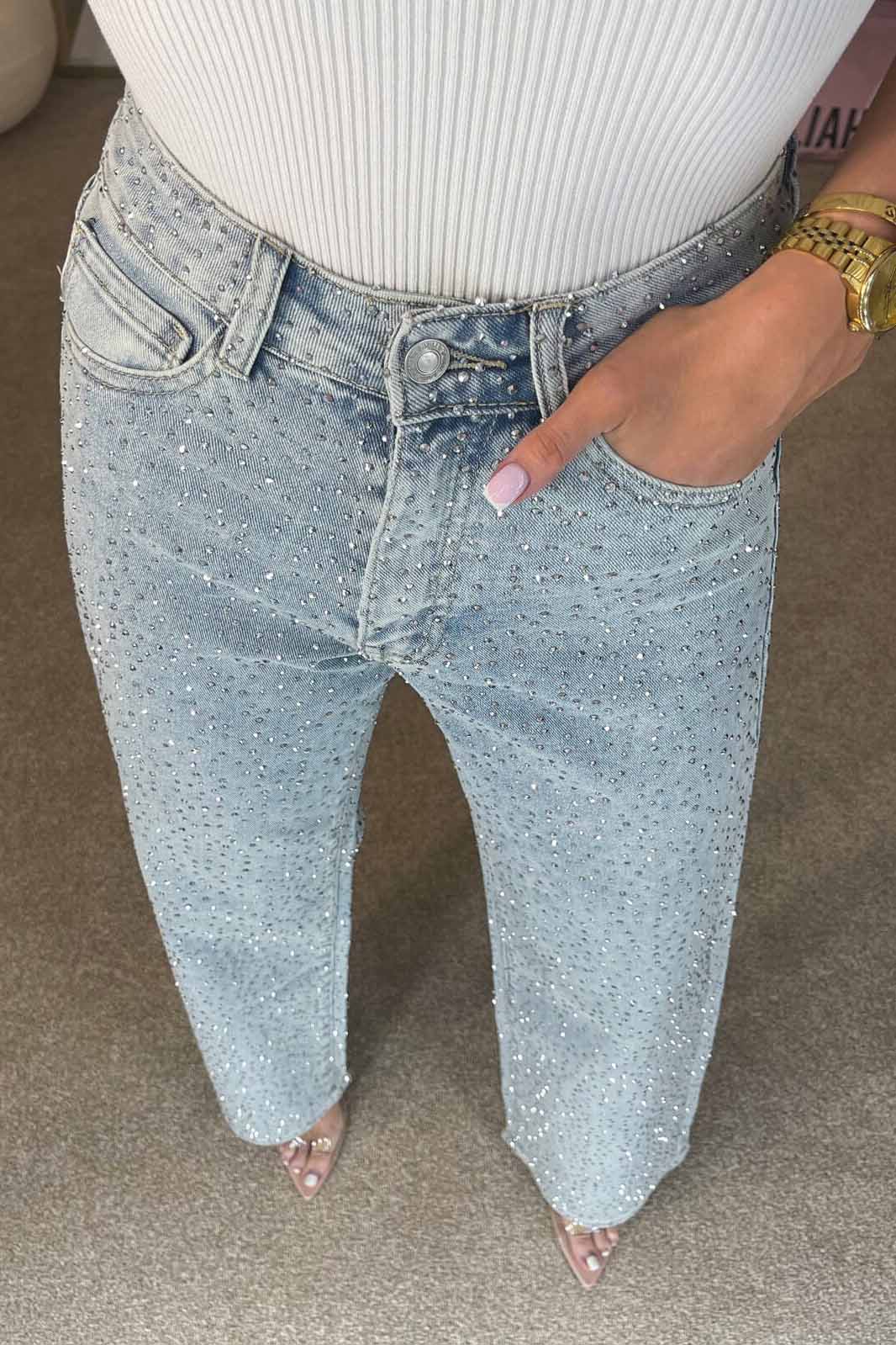 Yüksek Bel Diamanté Düz Paça Jean