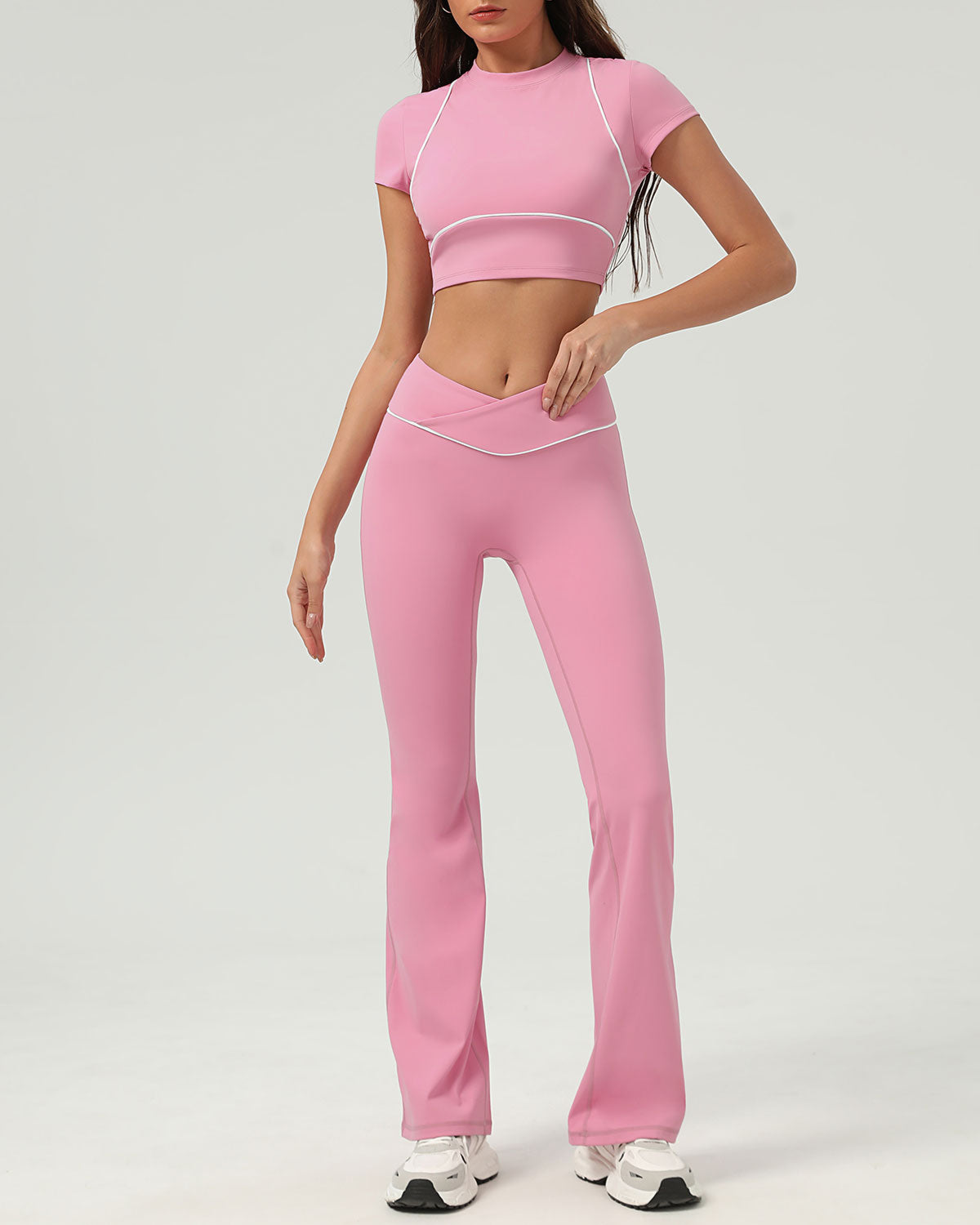 Shewess™ Pembe Yuvarlak Yaka Kısa Kollu Yoga Üstü - Hafif Destek