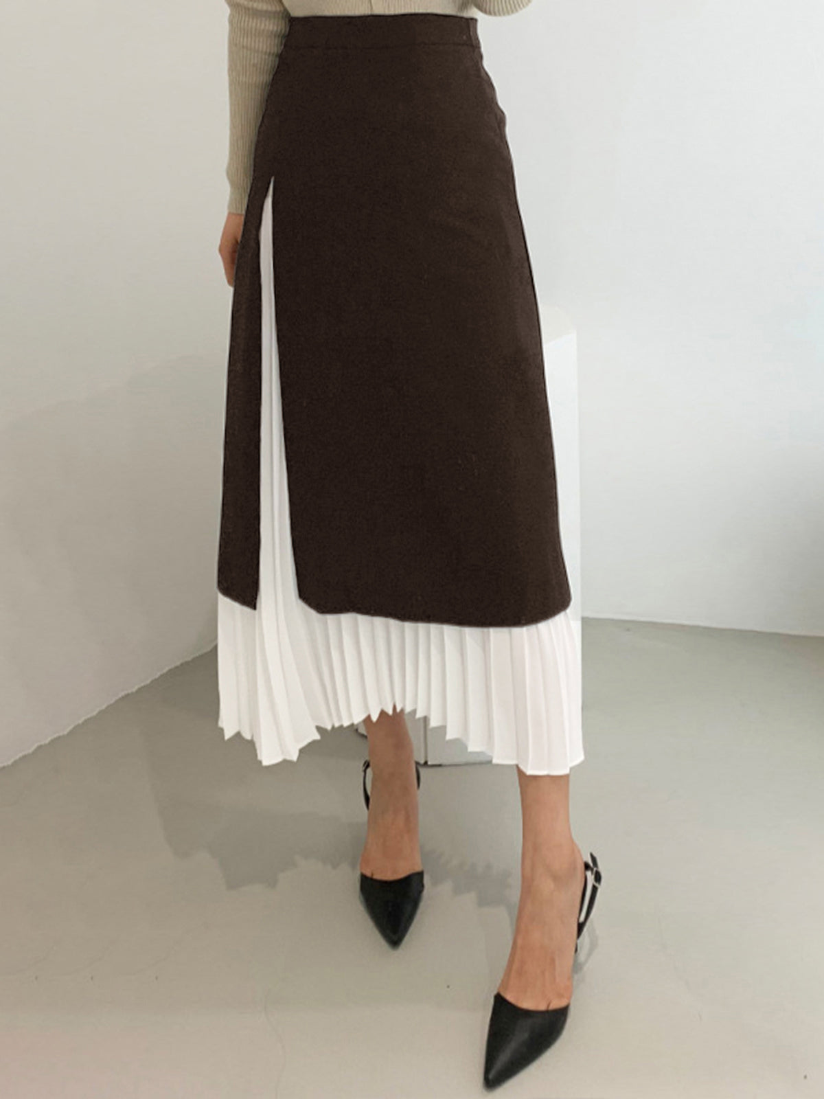 Two Tone Pleated Long Skirt İki Renkli Pileli Uzun Etek