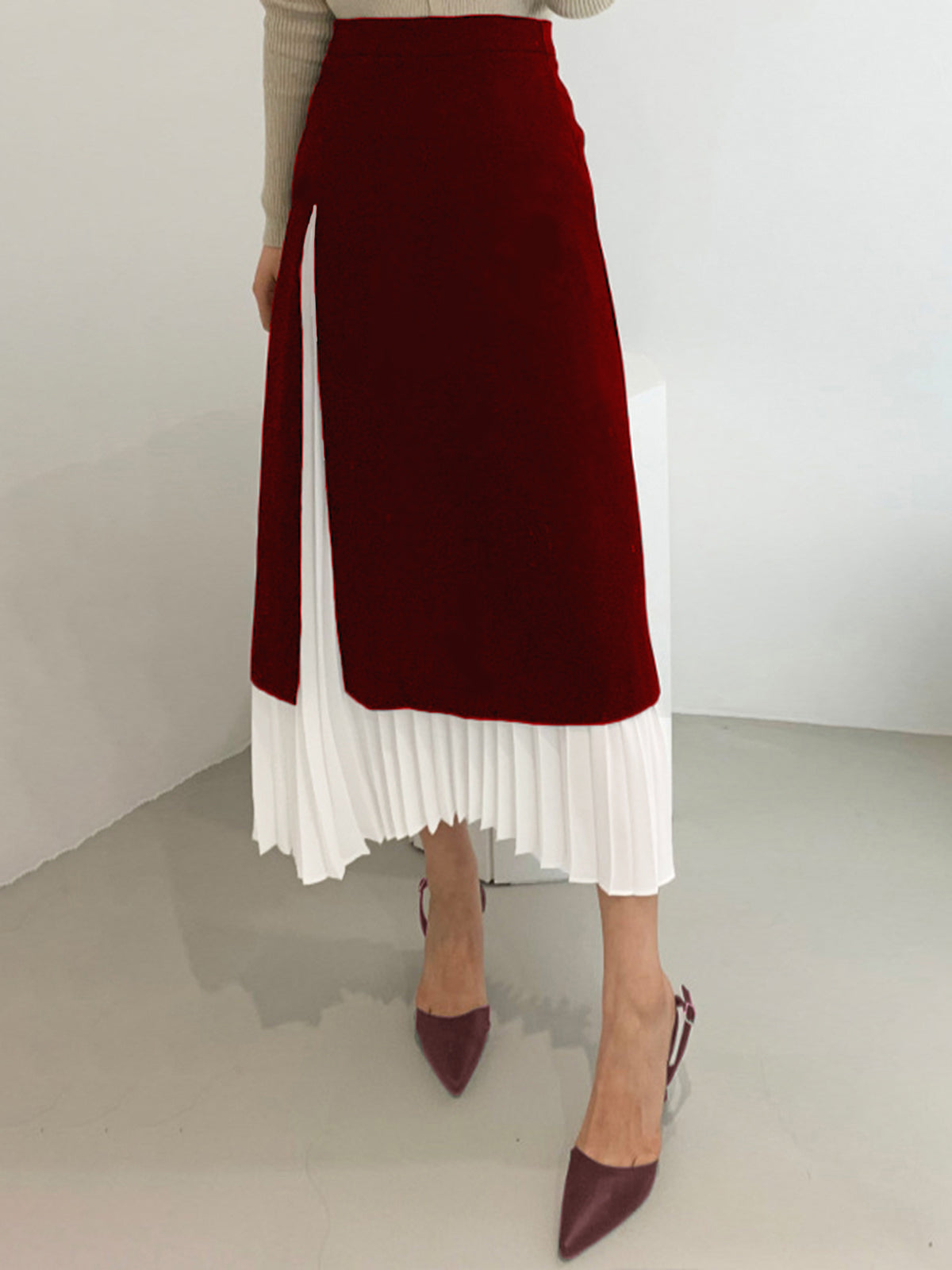 Two Tone Pleated Long Skirt İki Renkli Pileli Uzun Etek