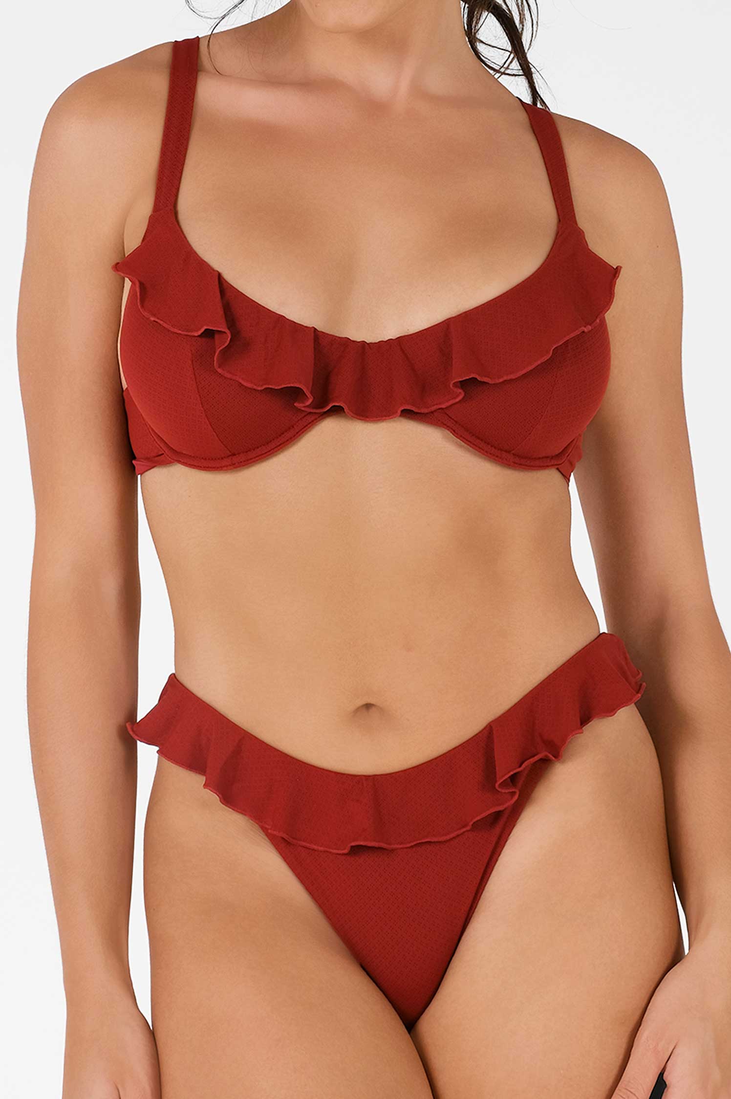 Shewess™ Makayla Fırfırlı Destekli Bikini Üstü / Kiraz Şarabı Noktalı