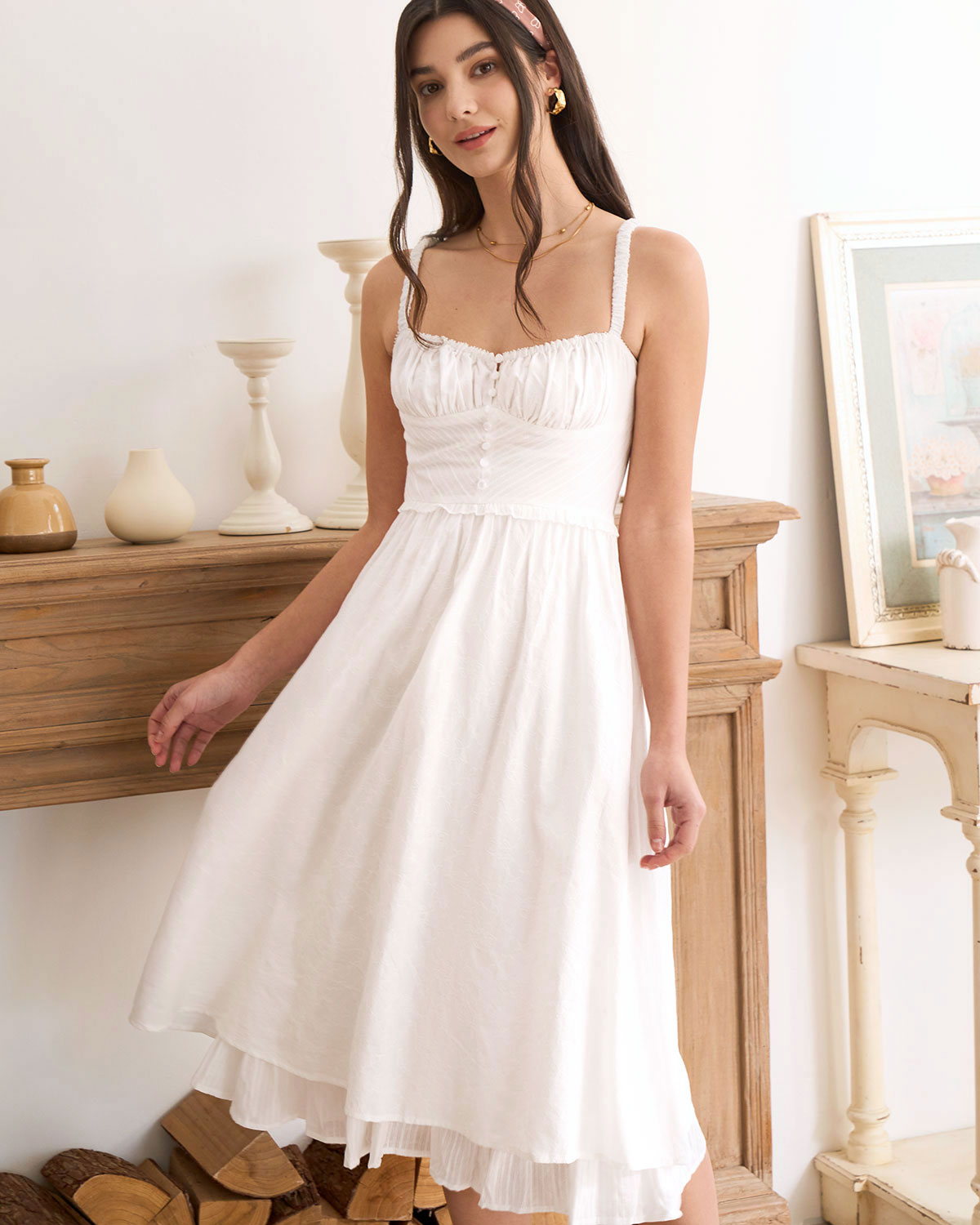 Shewess™ Beyaz Dantelli Slip Pamuk Midi Elbise