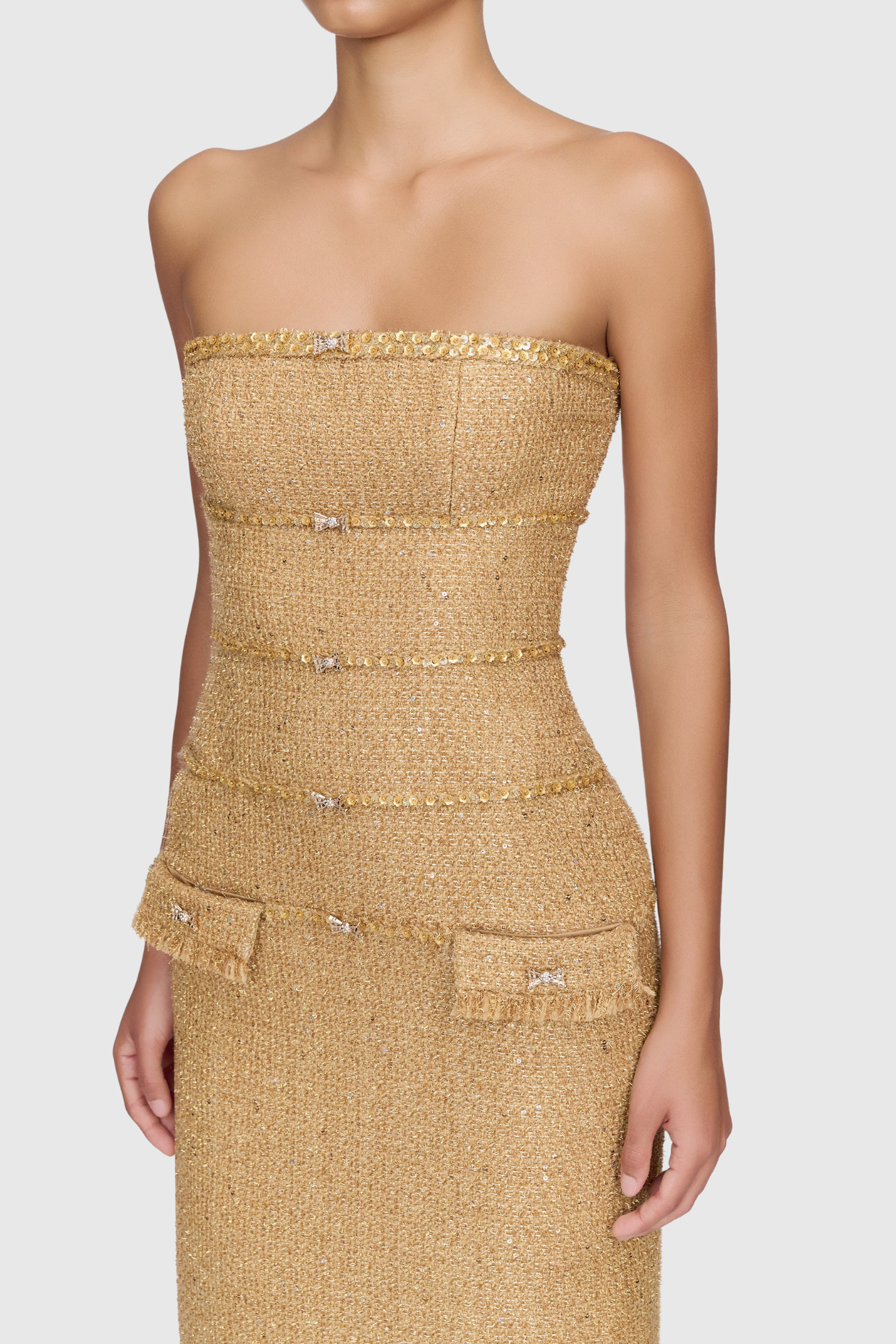 Elborno Gold Taşlı Straplez Midi Elbise