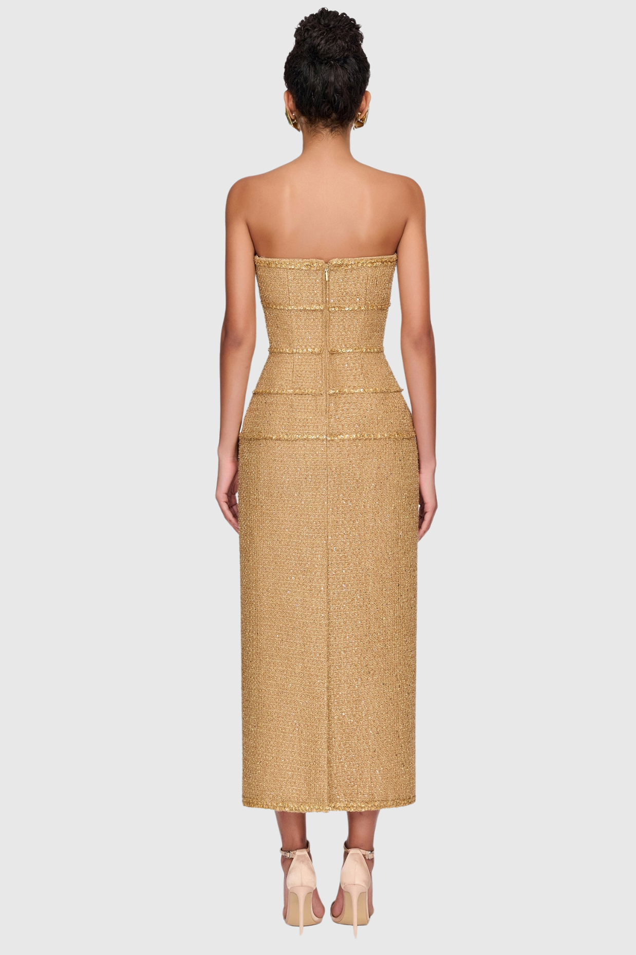 Elborno Gold Taşlı Straplez Midi Elbise