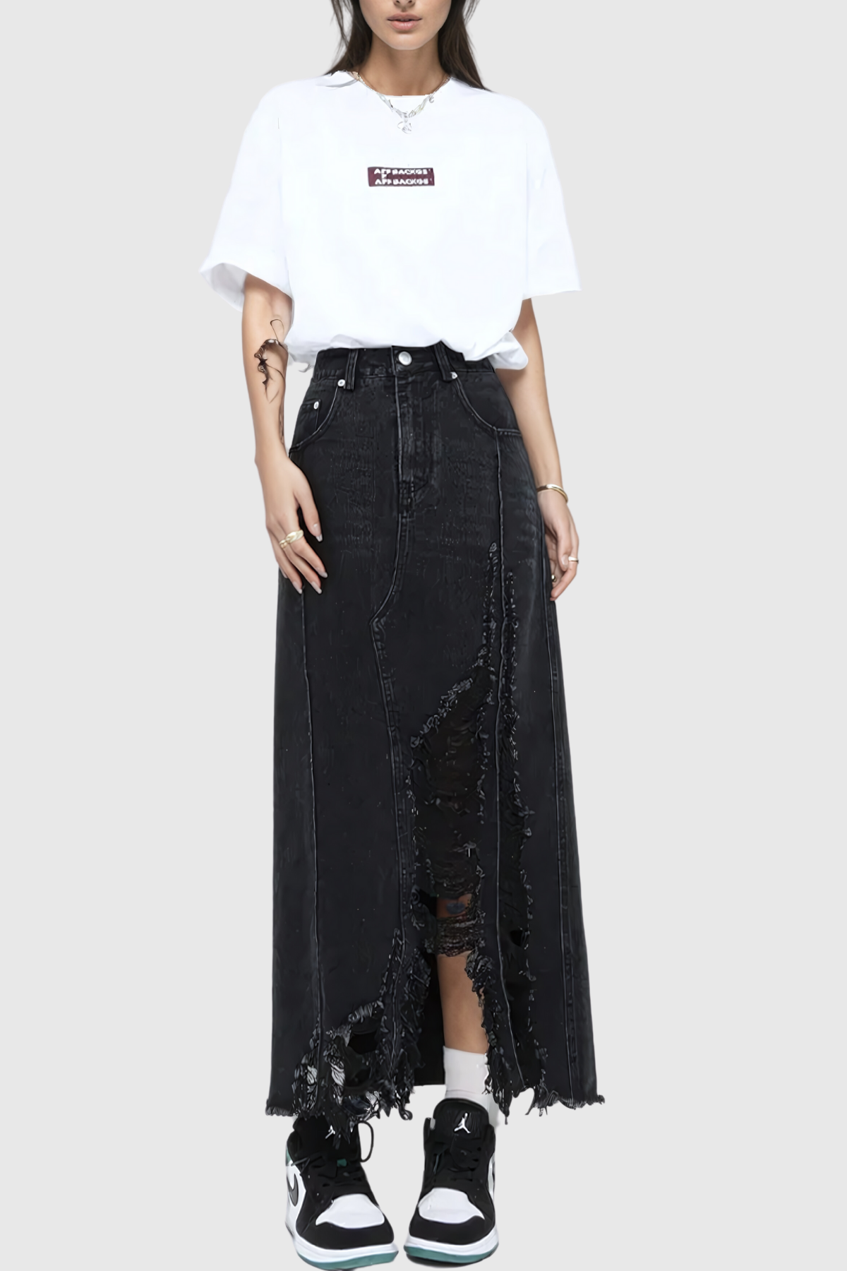 Melany Püsküllü Yüksek Yırtmaçlı Denim Maxi Etek