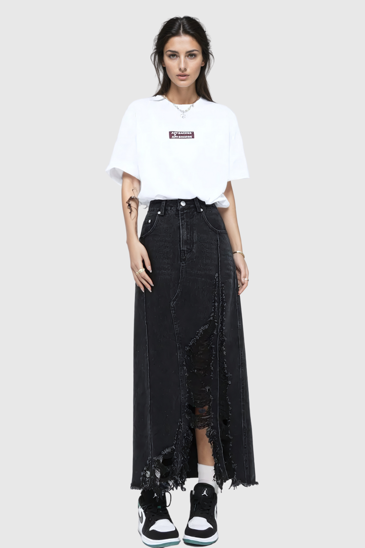 Melany Püsküllü Yüksek Yırtmaçlı Denim Maxi Etek
