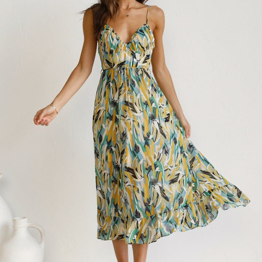 Adela Baskılı Fırfırlı Midi Sundress