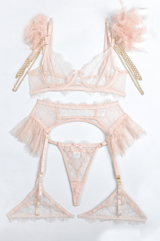 Shewess™ PRIVATE PINK Dantel Dört Parça İç Giyim - Pembe