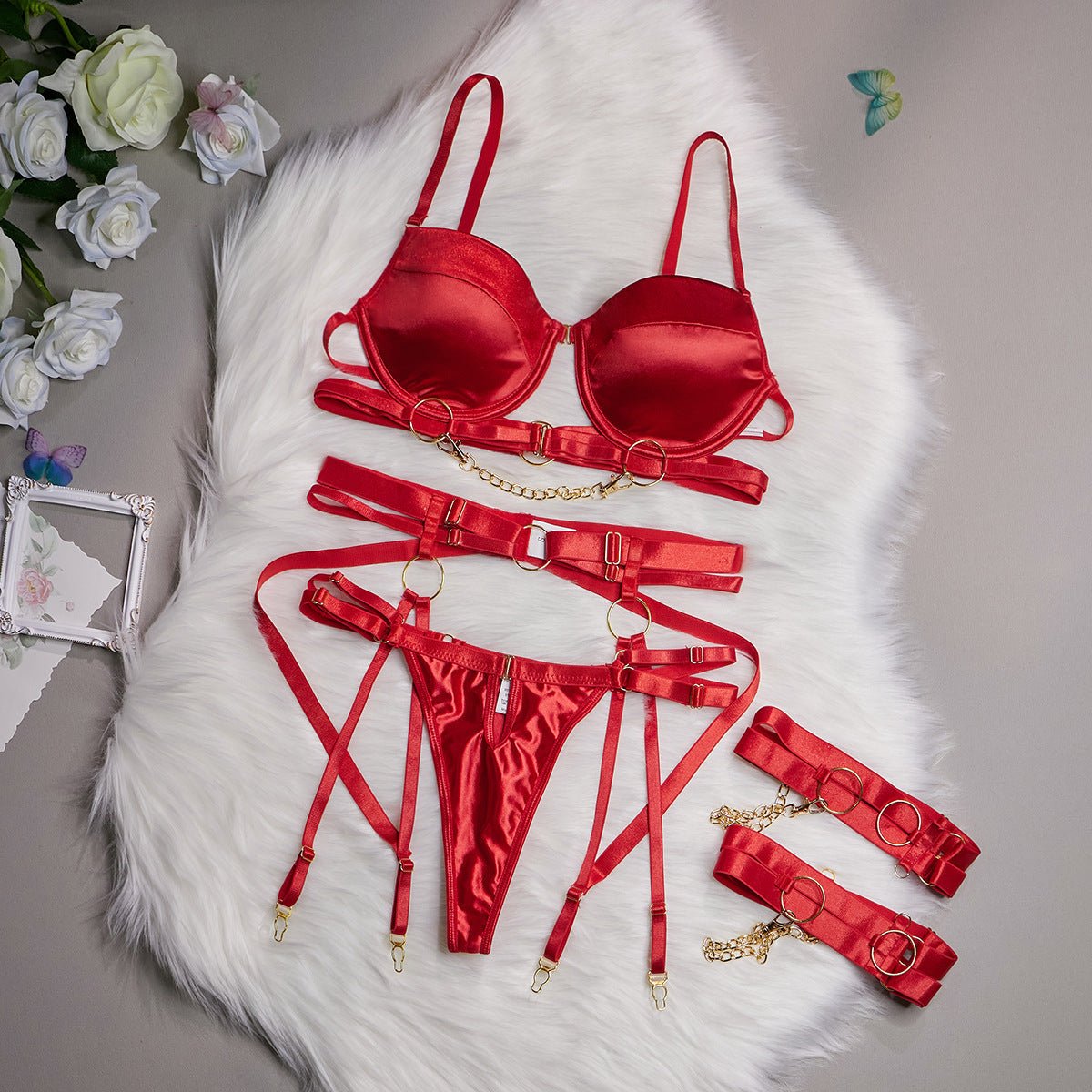 Shewess™ 4 Parça Lingerie Takımı + Bacak Halkaları / INTIME - Kırmızı